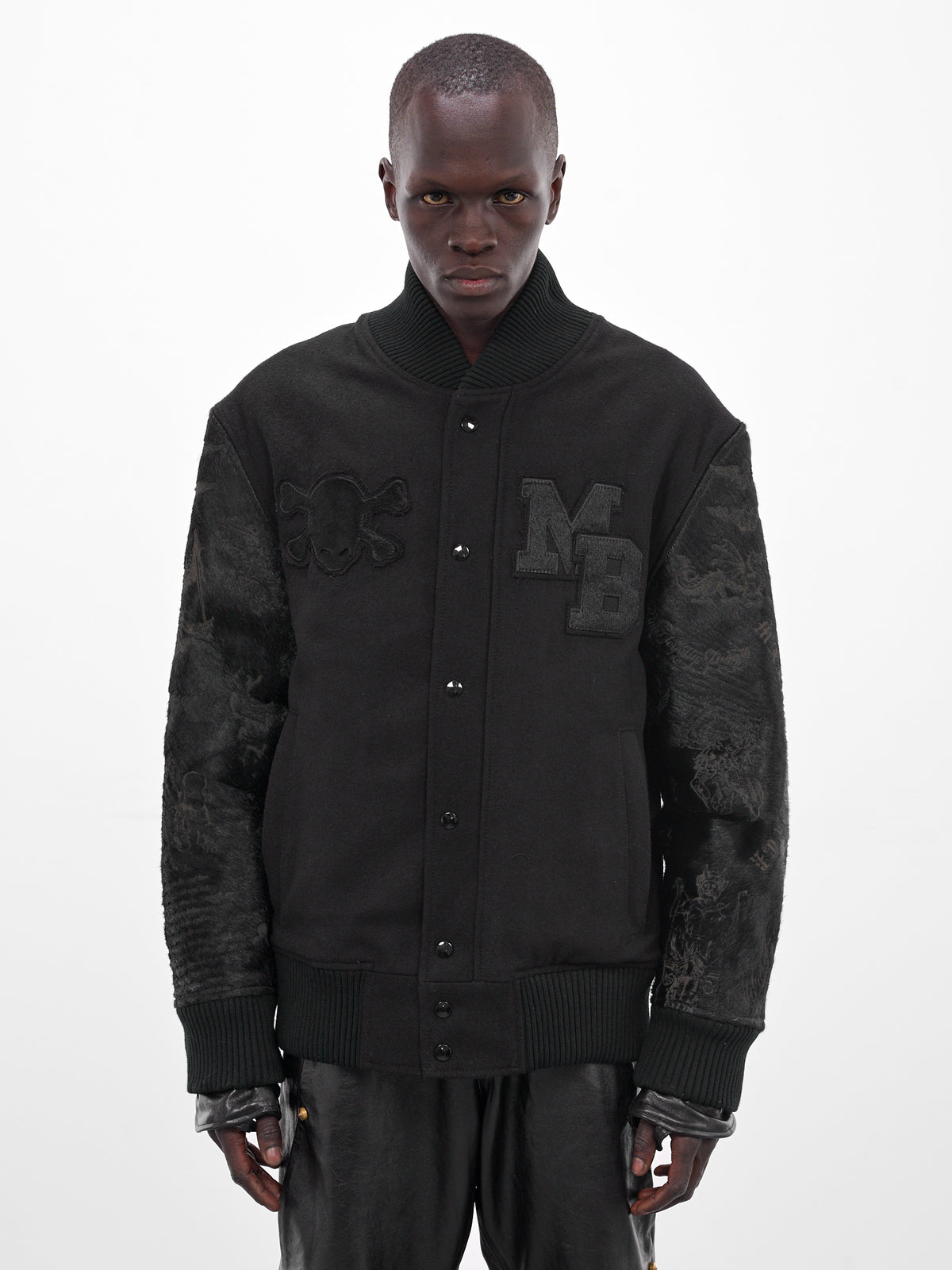 Black Leather Embroidered Varsity Jacket (MBS3-OUT-TDDJ-BLACK)