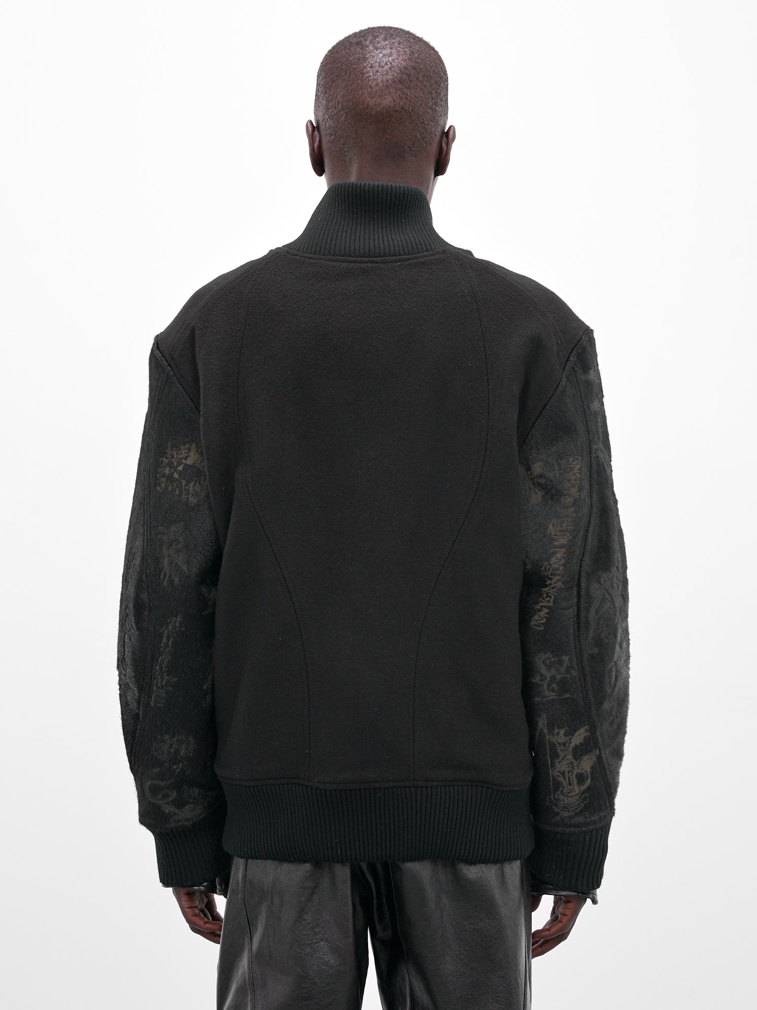 Black Leather Embroidered Varsity Jacket (MBS3-OUT-TDDJ-BLACK)