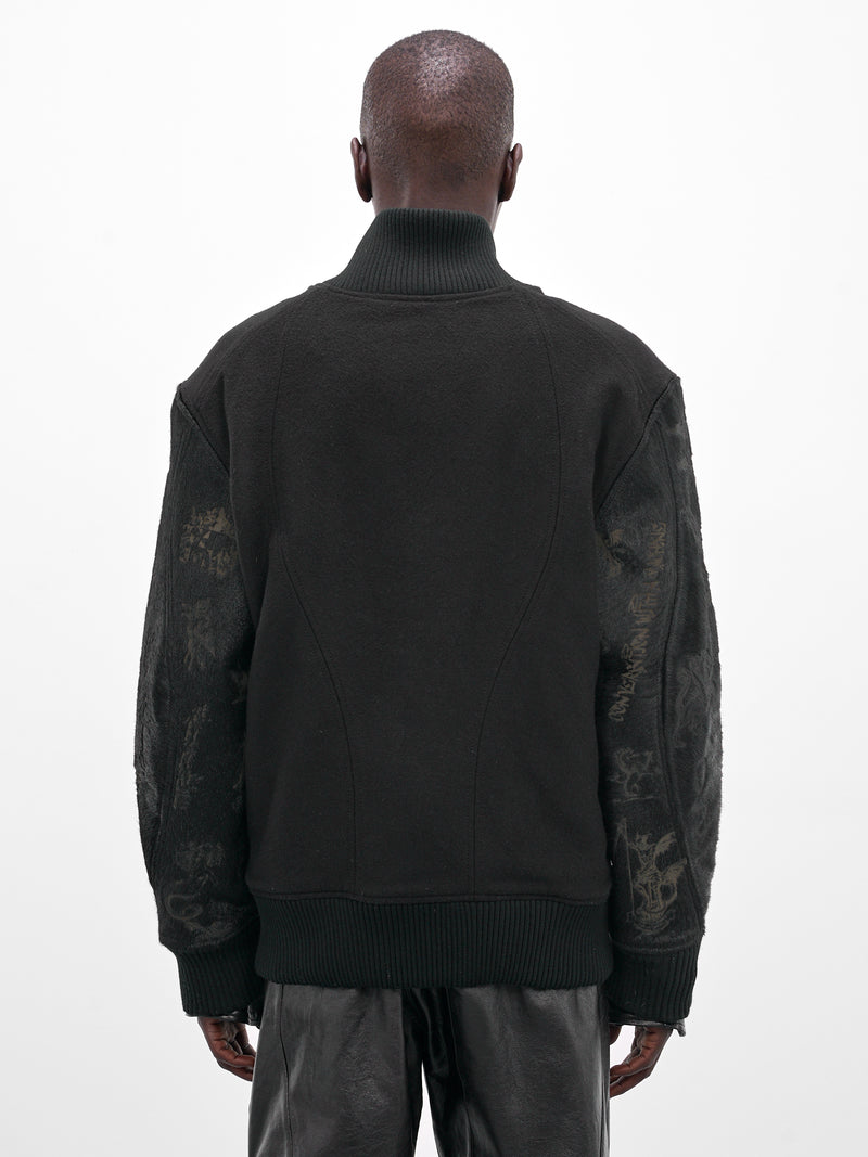 Black Leather Embroidered Varsity Jacket (MBS3-OUT-TDDJ-BLACK)