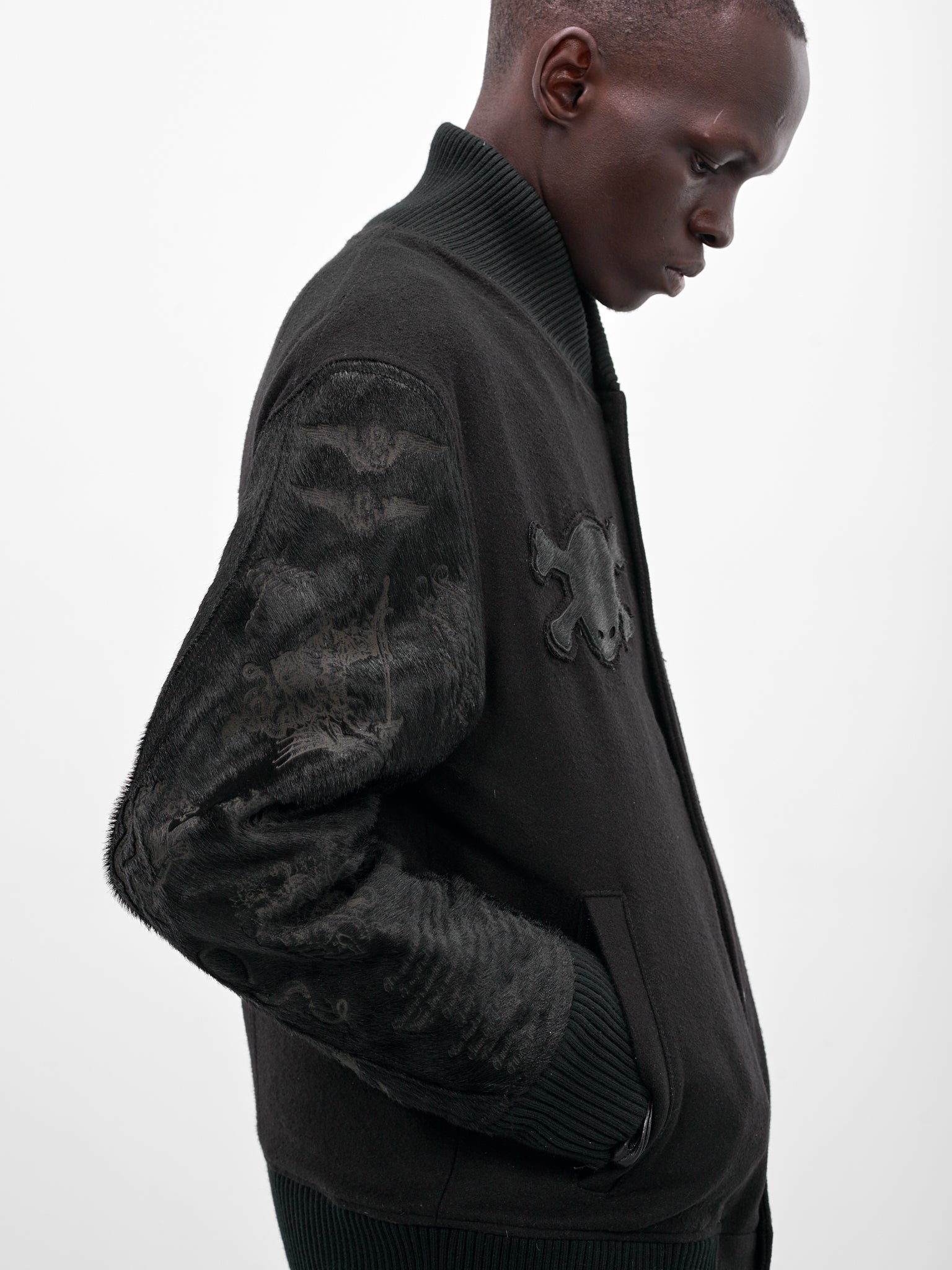 Black Leather Embroidered Varsity Jacket (MBS3-OUT-TDDJ-BLACK)
