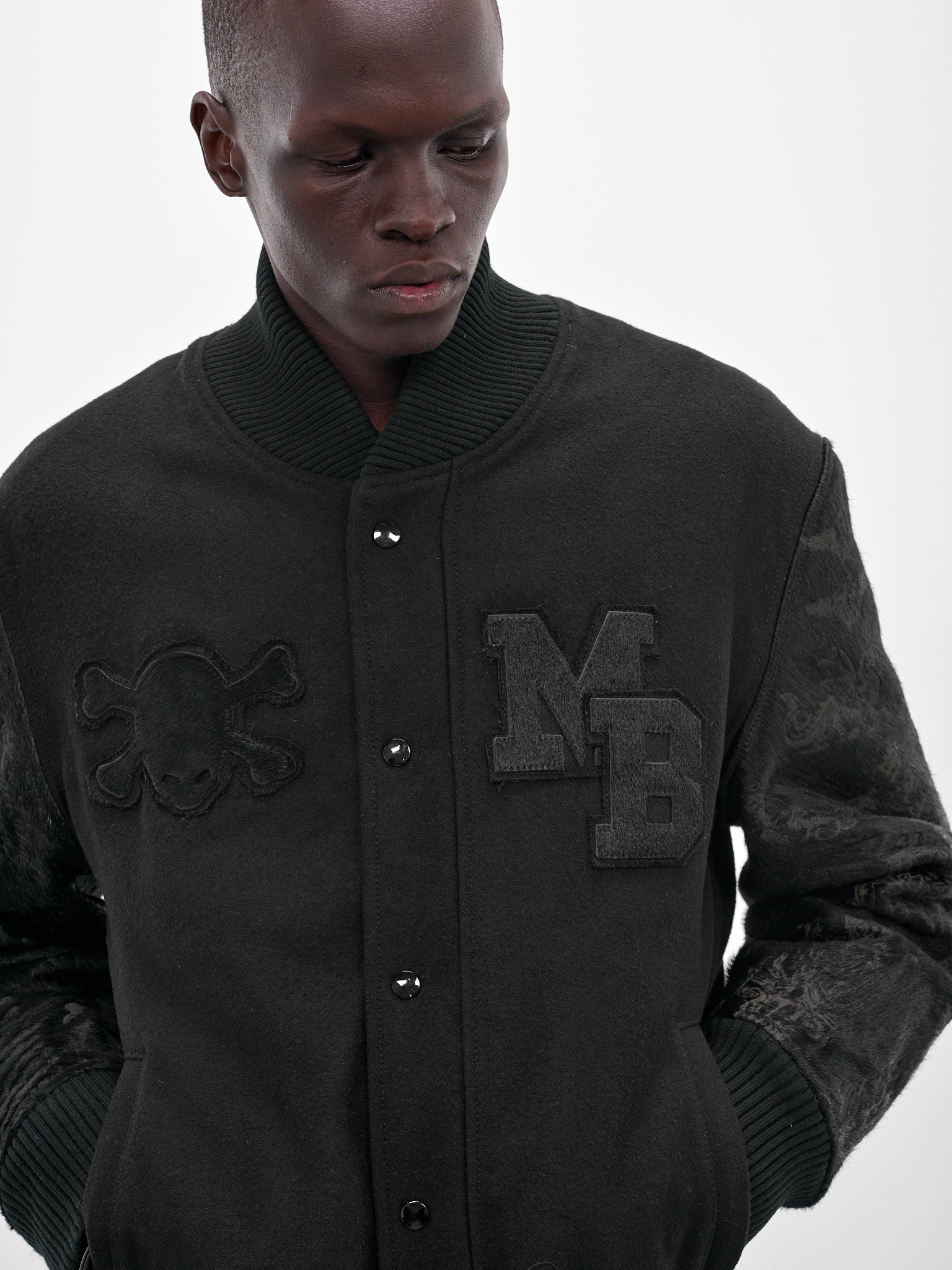 Black Leather Embroidered Varsity Jacket (MBS3-OUT-TDDJ-BLACK)