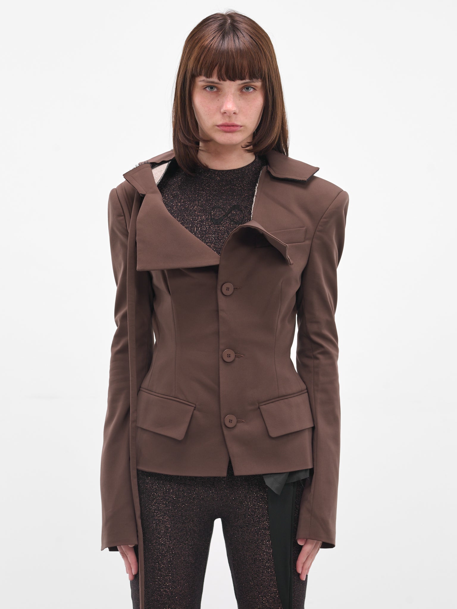 Brown Deconstructed Off-Shoulder Blazer (12360062305-BROWN)