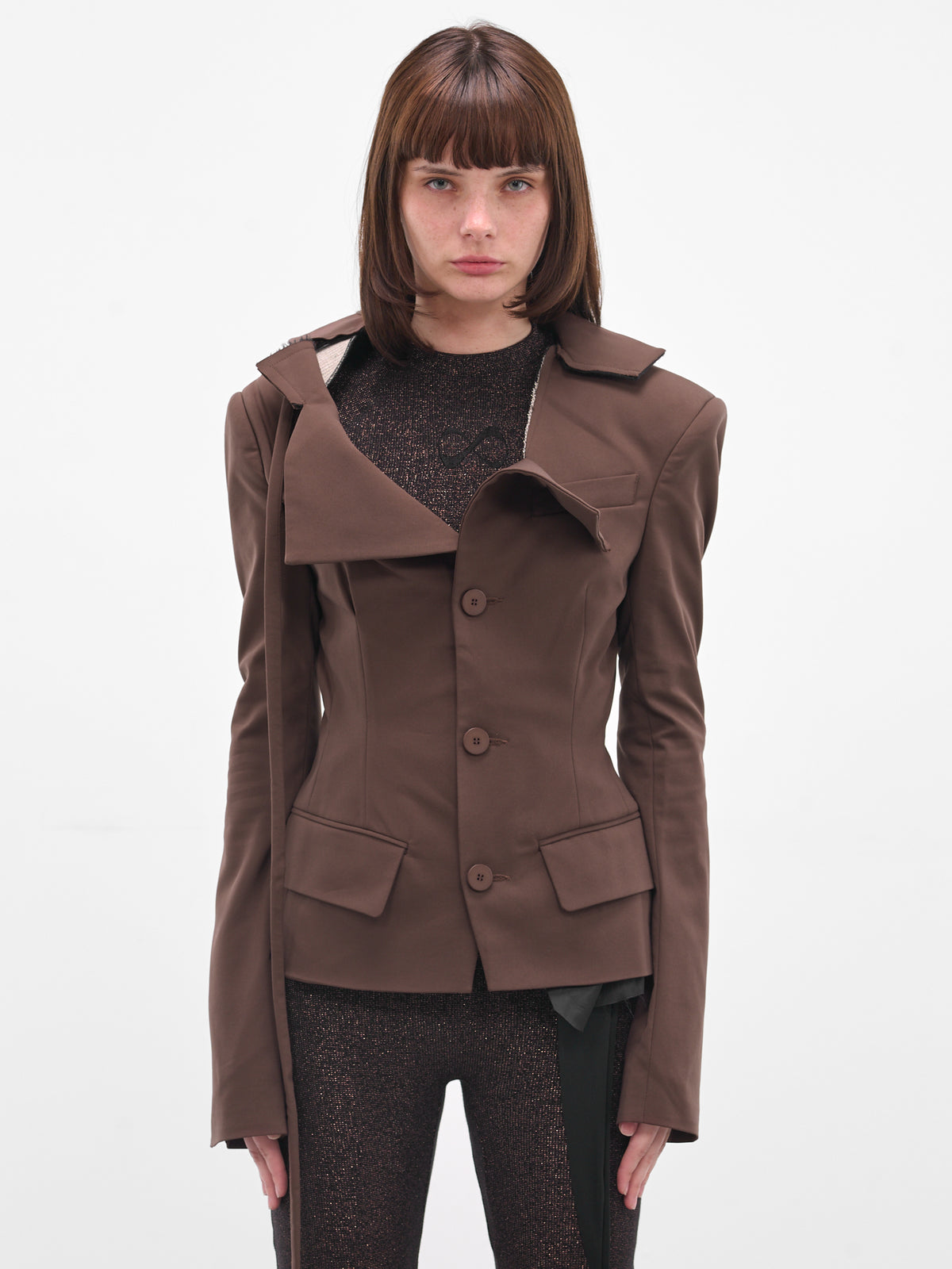 Brown Deconstructed Off-Shoulder Blazer (12360062305-BROWN)