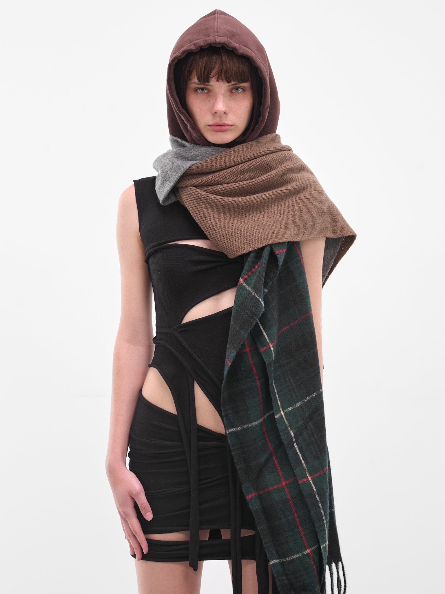 Brown Deconstructed Hoodie Scarf (12990282801-BROWN-GREY)