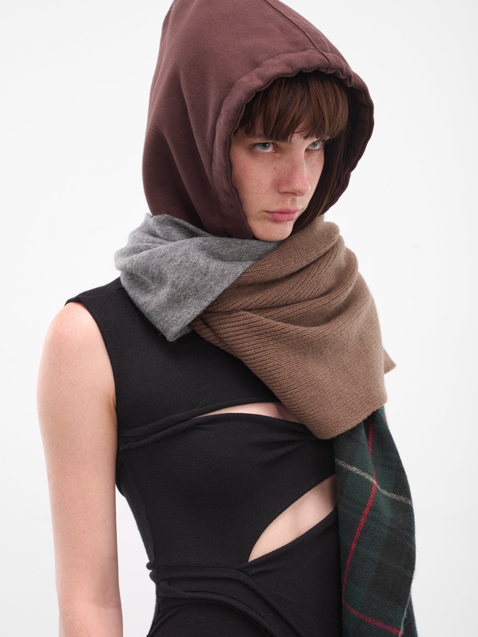 Brown Deconstructed Hoodie Scarf (12990282801-BROWN-GREY)