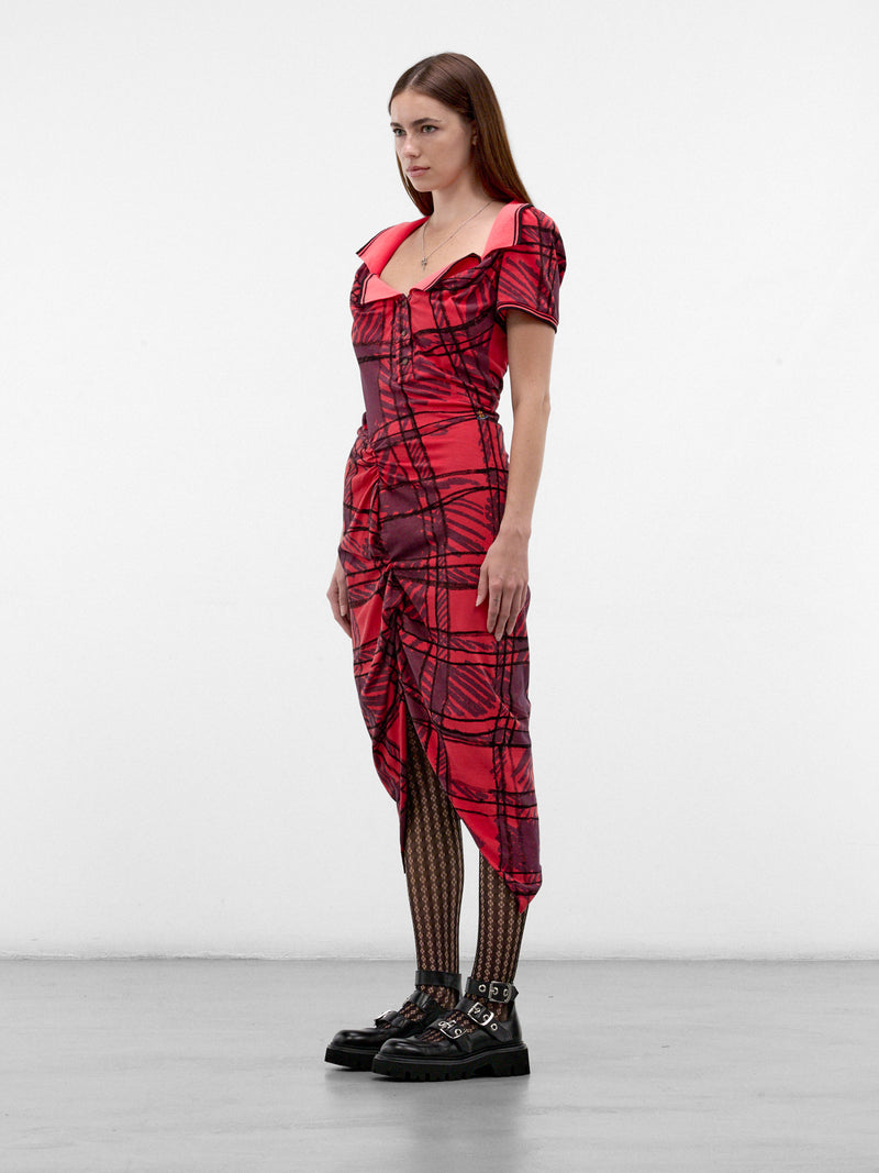 Squiggle Plaid Ruched Midi Dress (16010056-J00BR-RED-SCRIBLLE-CH)