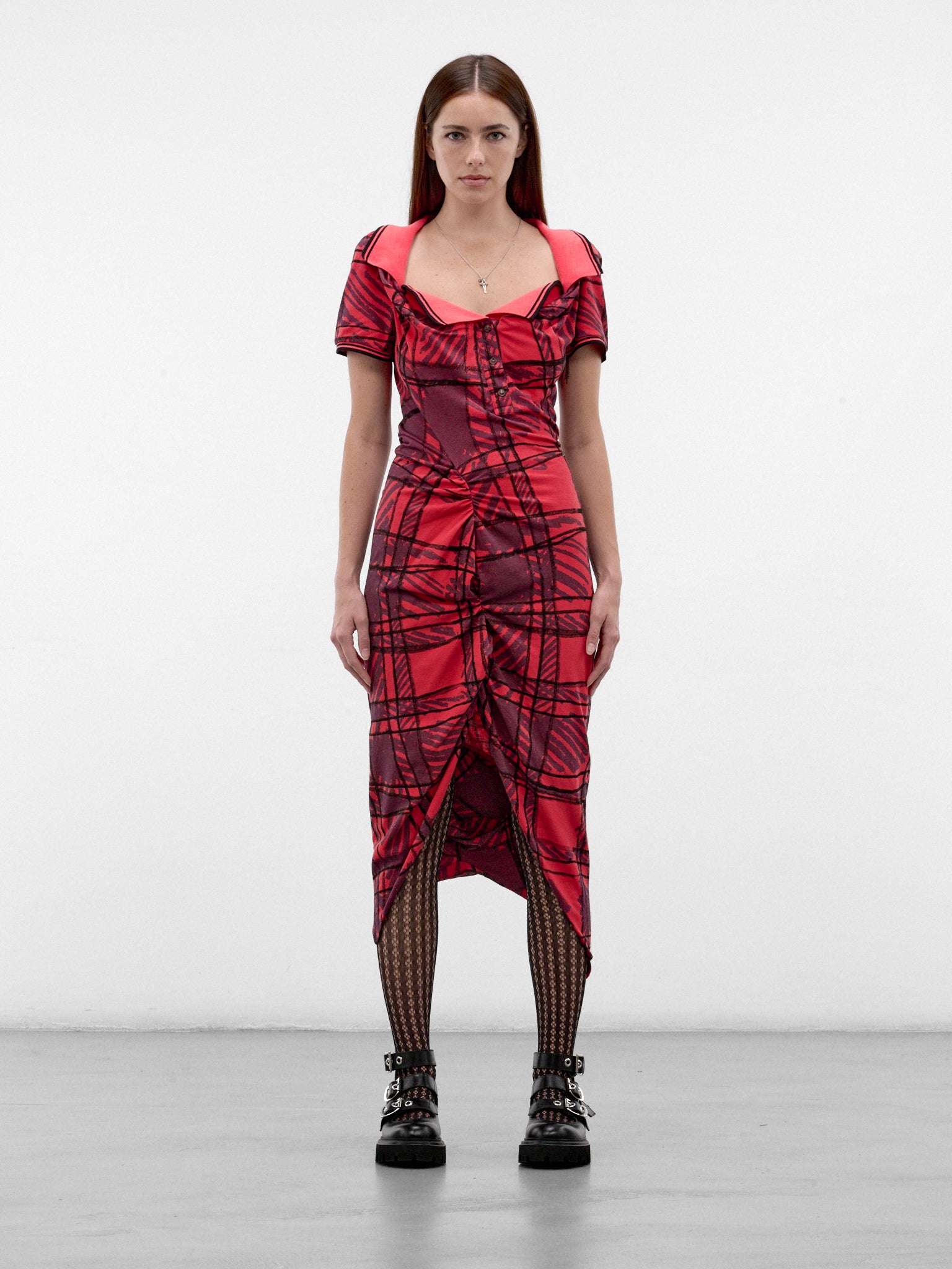 Squiggle Plaid Ruched Midi Dress (16010056-J00BR-RED-SCRIBLLE-CH)