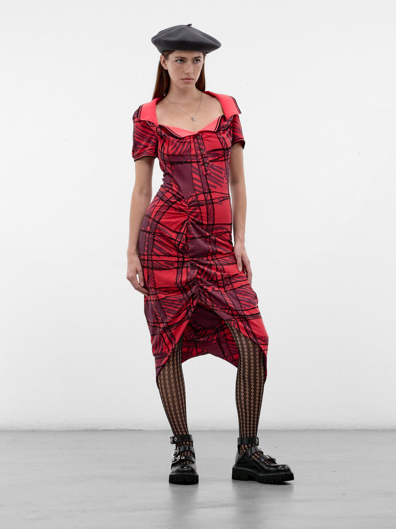 Squiggle Plaid Ruched Midi Dress (16010056-J00BR-RED-SCRIBLLE-CH)