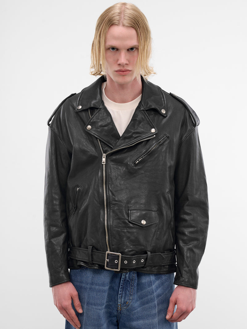 Shrunken Leather Double-Rider Jacket (1626402004-BLACK)