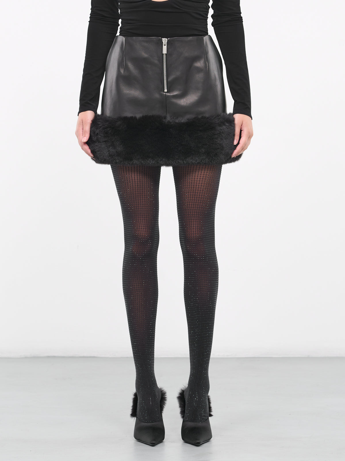 Faux Fur Trim Leather Mini Skirt (168923-BLACK)