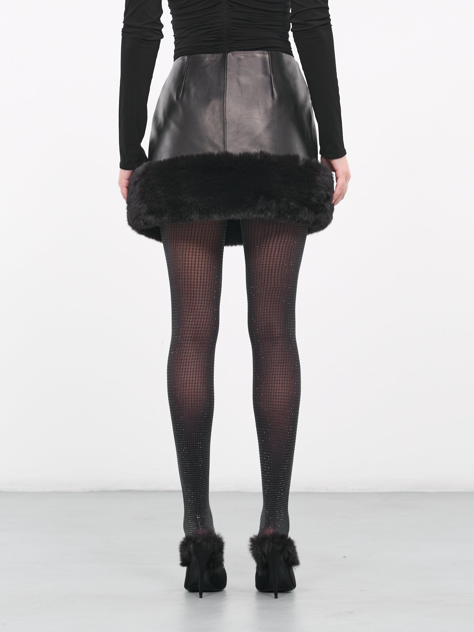 Faux Fur Trim Leather Mini Skirt (168923-BLACK)