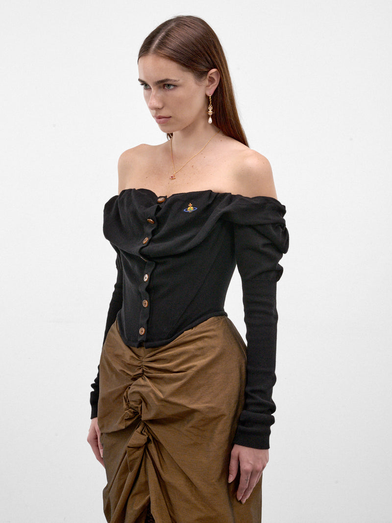 Black Wool Off-Shoulder Corset Top (1803002V-Y001V-BLACK)