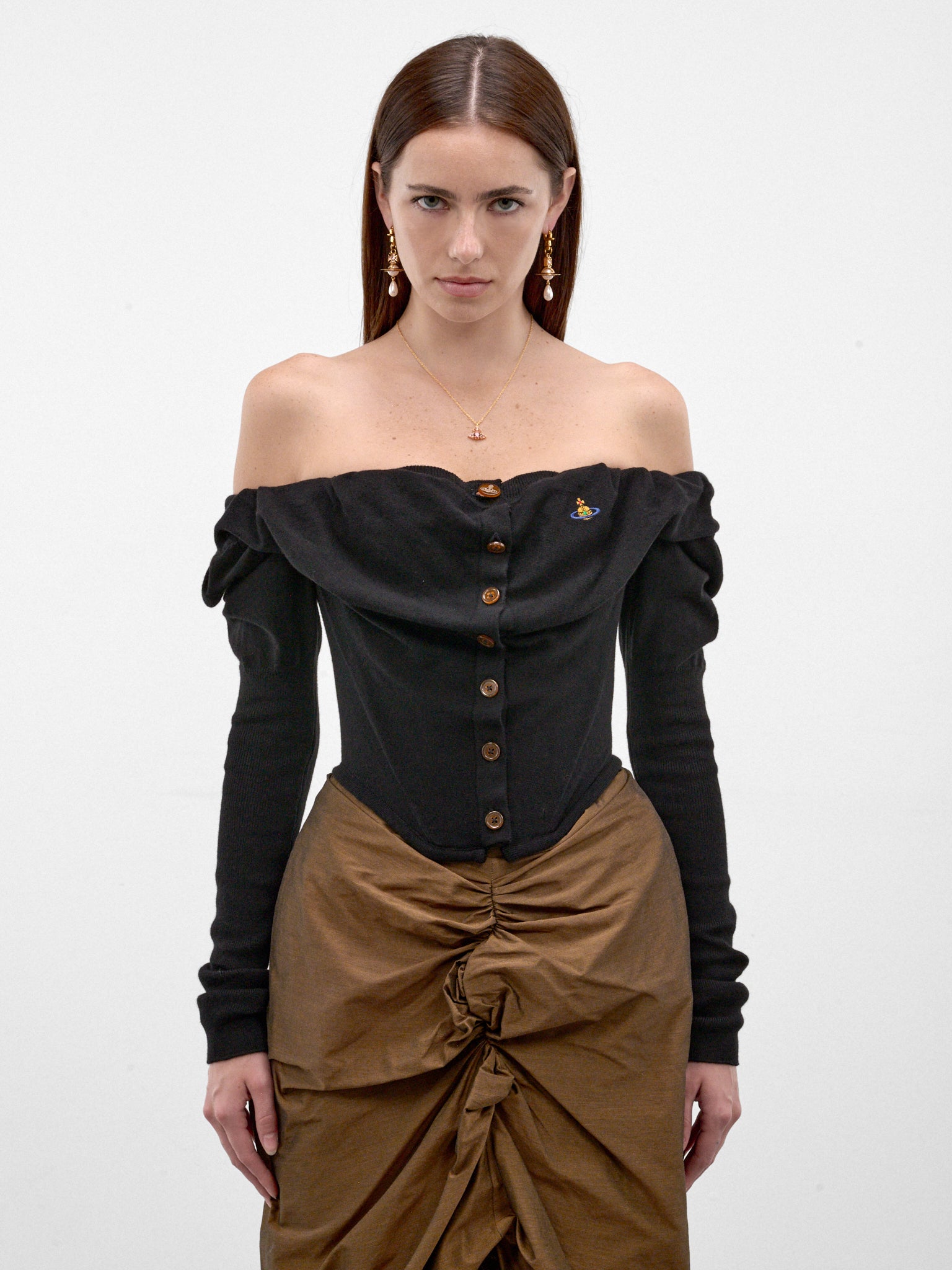 Black Wool Off-Shoulder Corset Top (1803002V-Y001V-BLACK)