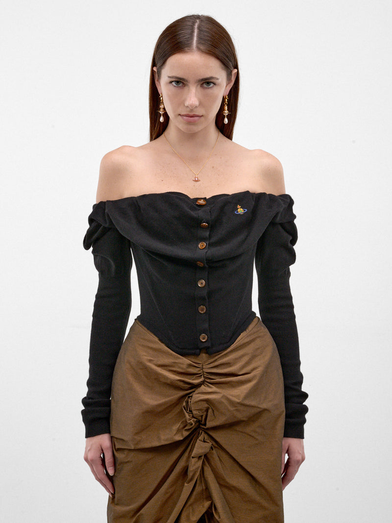Black Wool Off-Shoulder Corset Top (1803002V-Y001V-BLACK)
