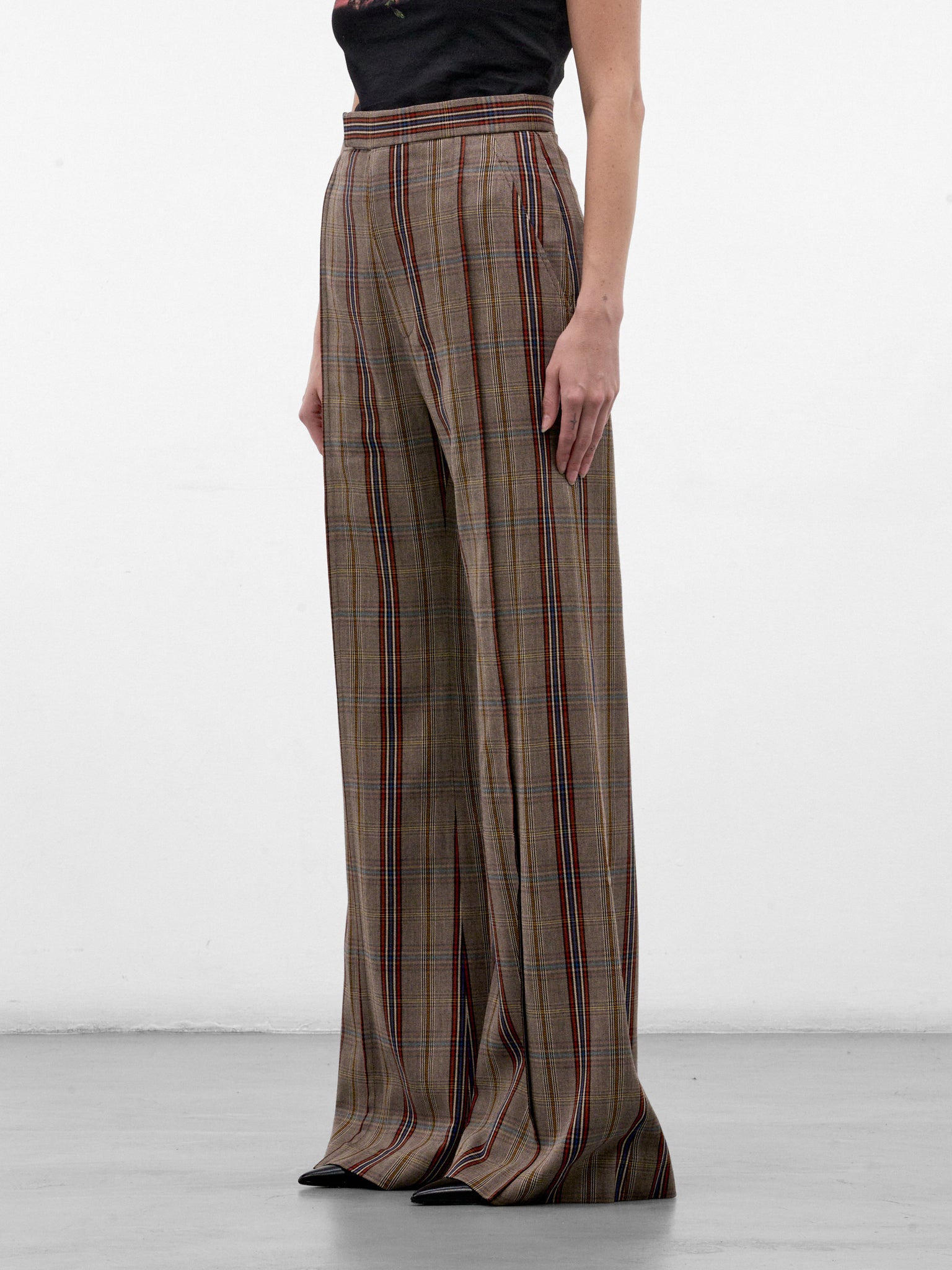 Tan Plaid Wide Flared Trousers (1F01001A-W01JH-MULTI)