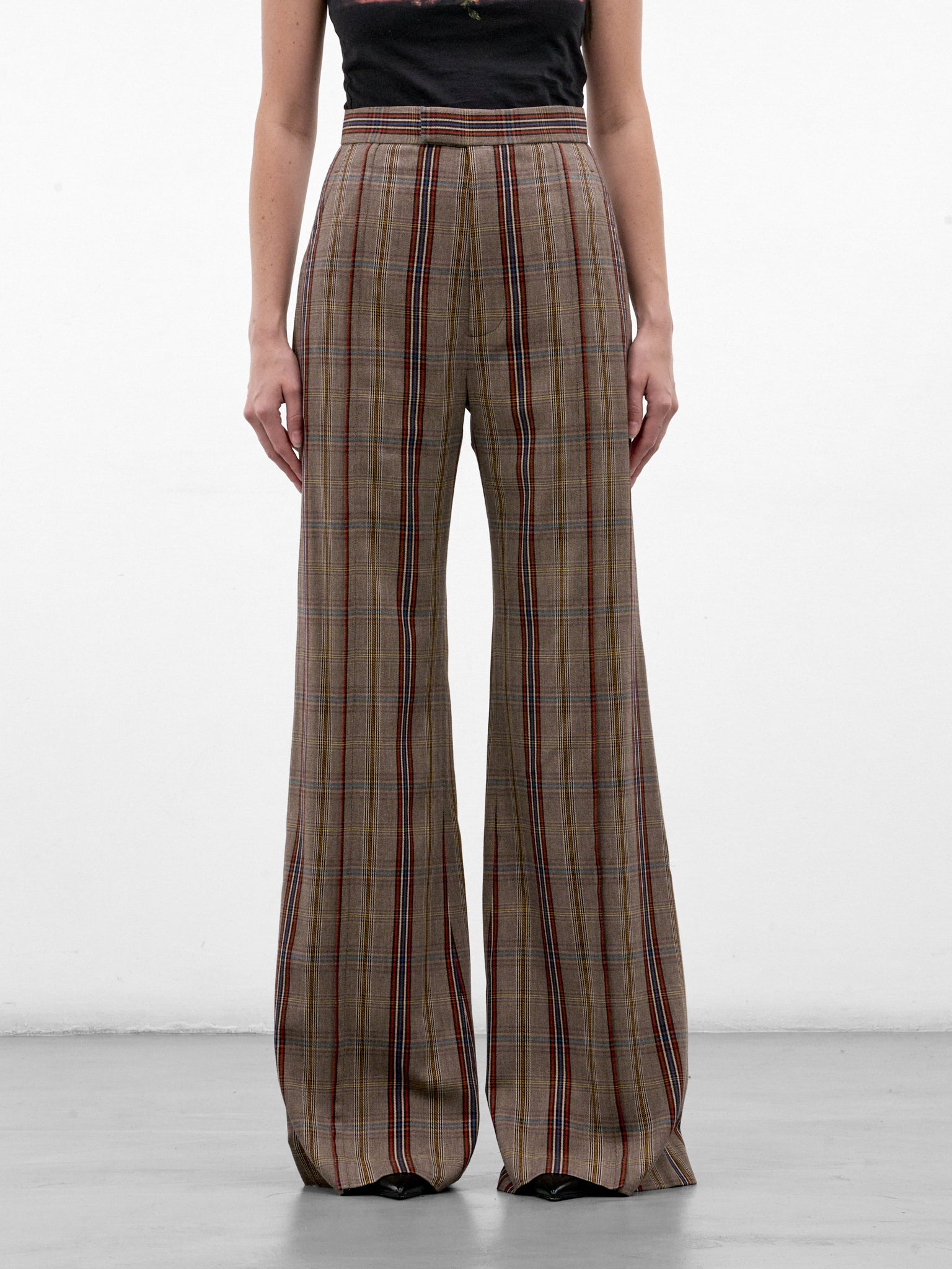 Tan Plaid Wide Flared Trousers (1F01001A-W01JH-MULTI)