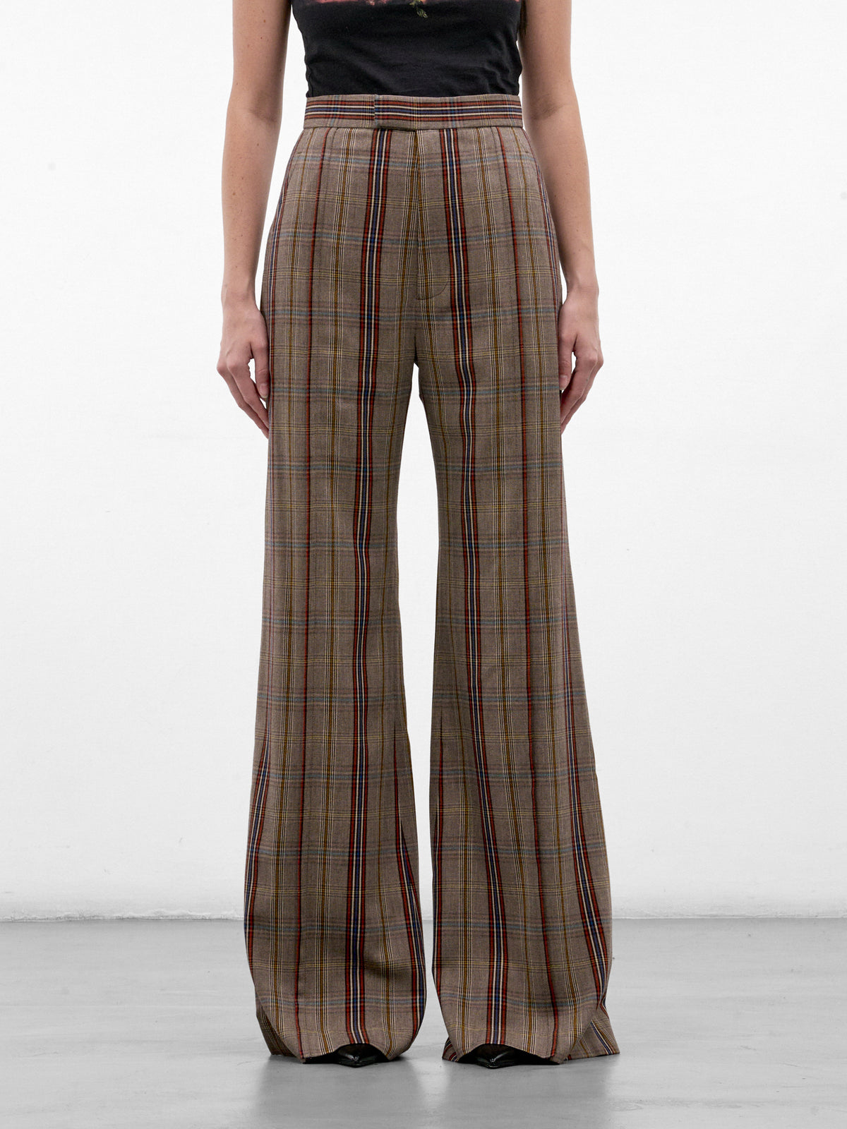 Tan Plaid Wide Flared Trousers (1F01001A-W01JH-MULTI)