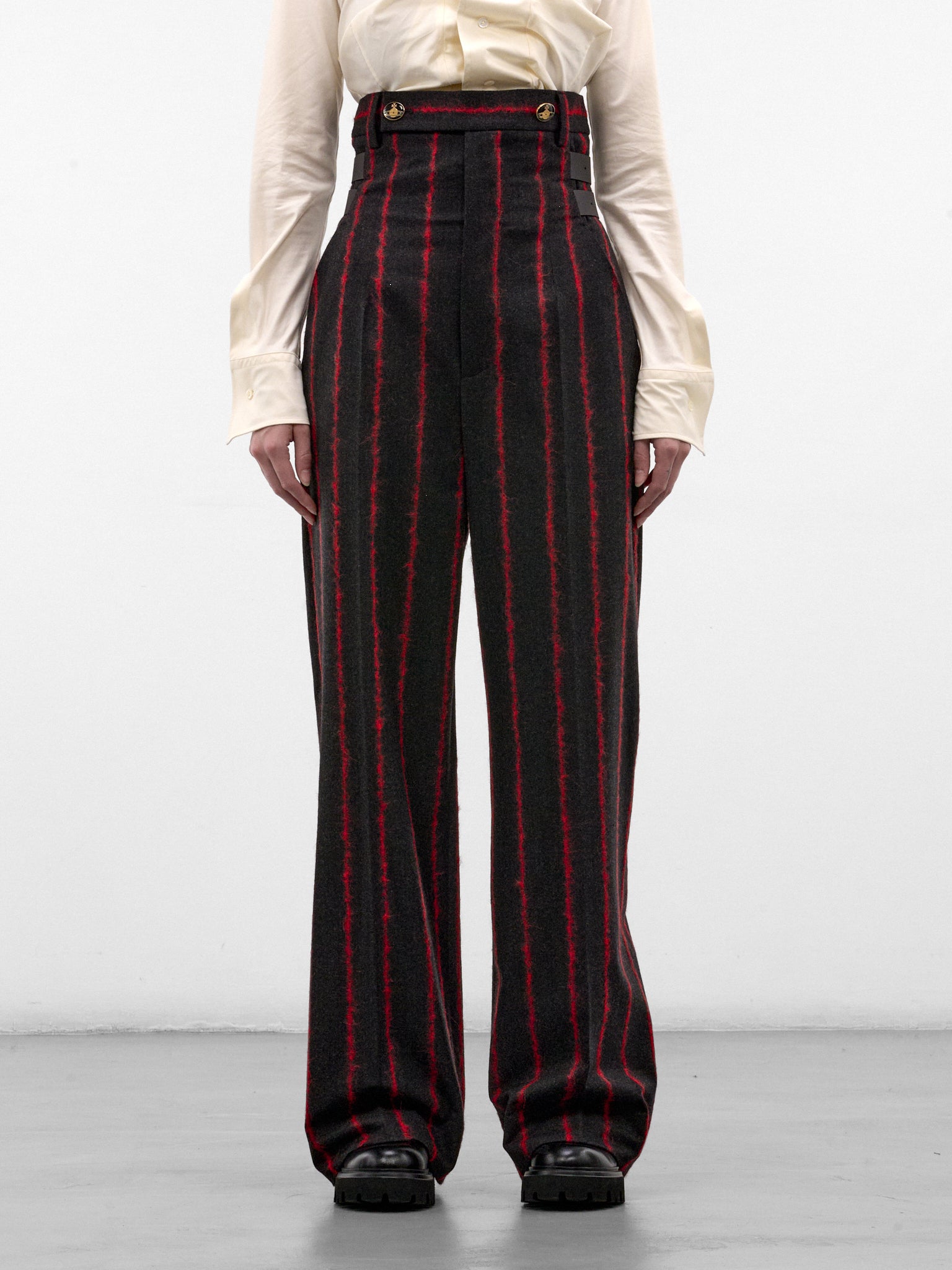 Striped High Waist Wide Trousers (1F01001M-W01NF-CHARCOAL-RED)