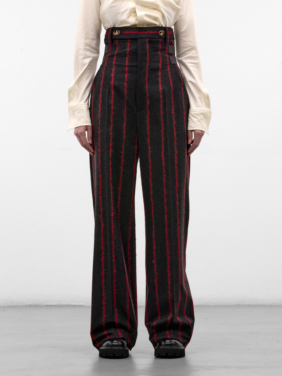 Striped High Waist Wide Trousers (1F01001M-W01NF-CHARCOAL-RED)