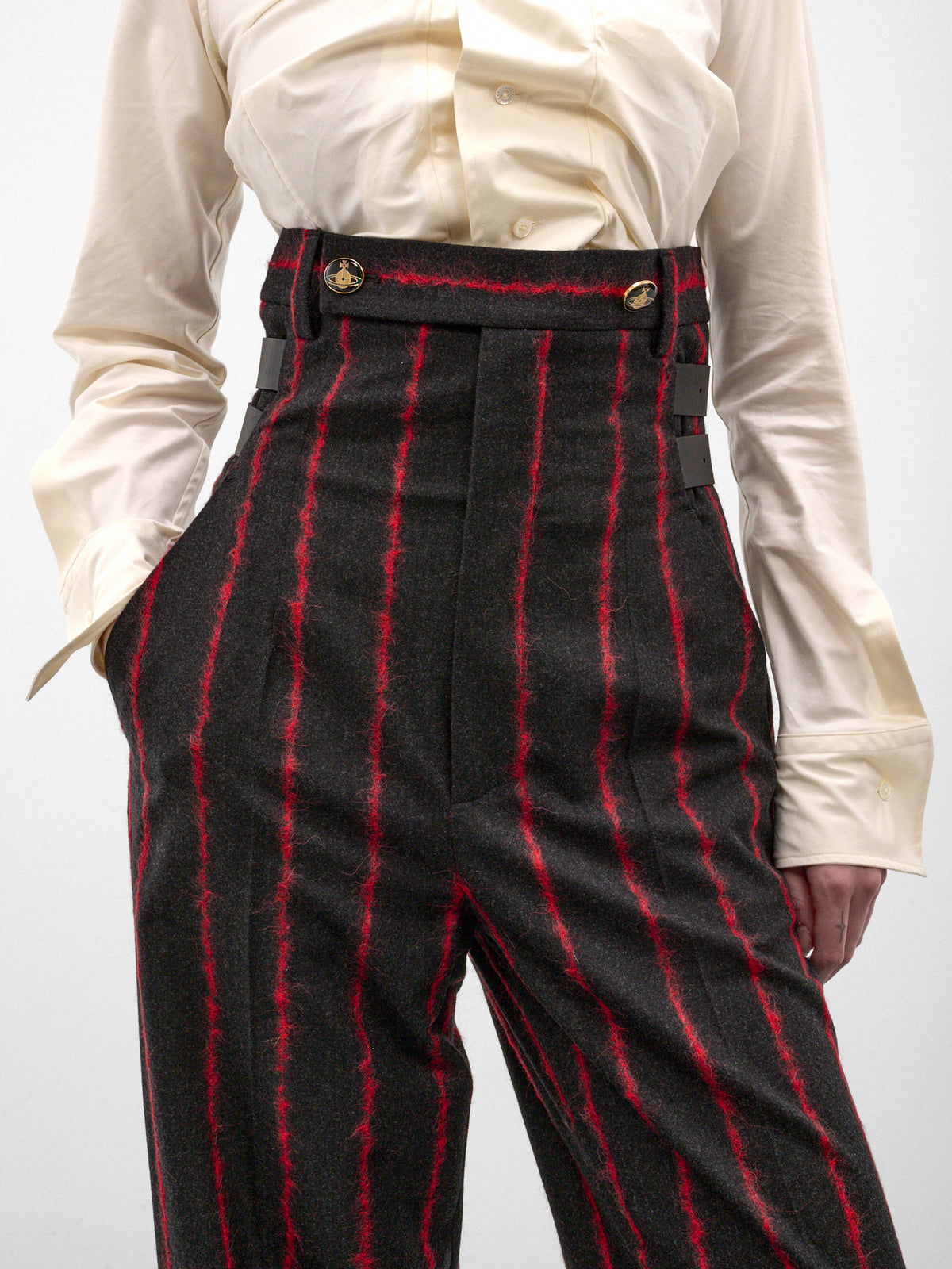 Striped High Waist Wide Trousers (1F01001M-W01NF-CHARCOAL-RED)
