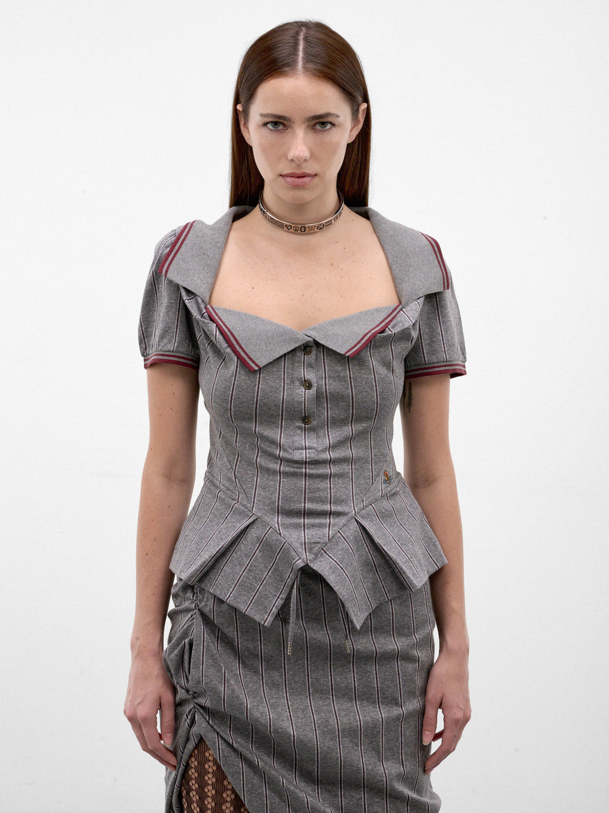 Gray Piped Peplum Corset Top (1H010006-J00BJ-MELANGE-TOBACCO)