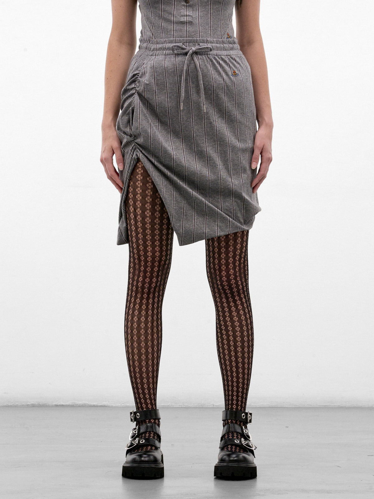 Gray Ruched Asymmetric Mini Skirt (1J01000M-J00BJ-MELANGE-TOBACCO)