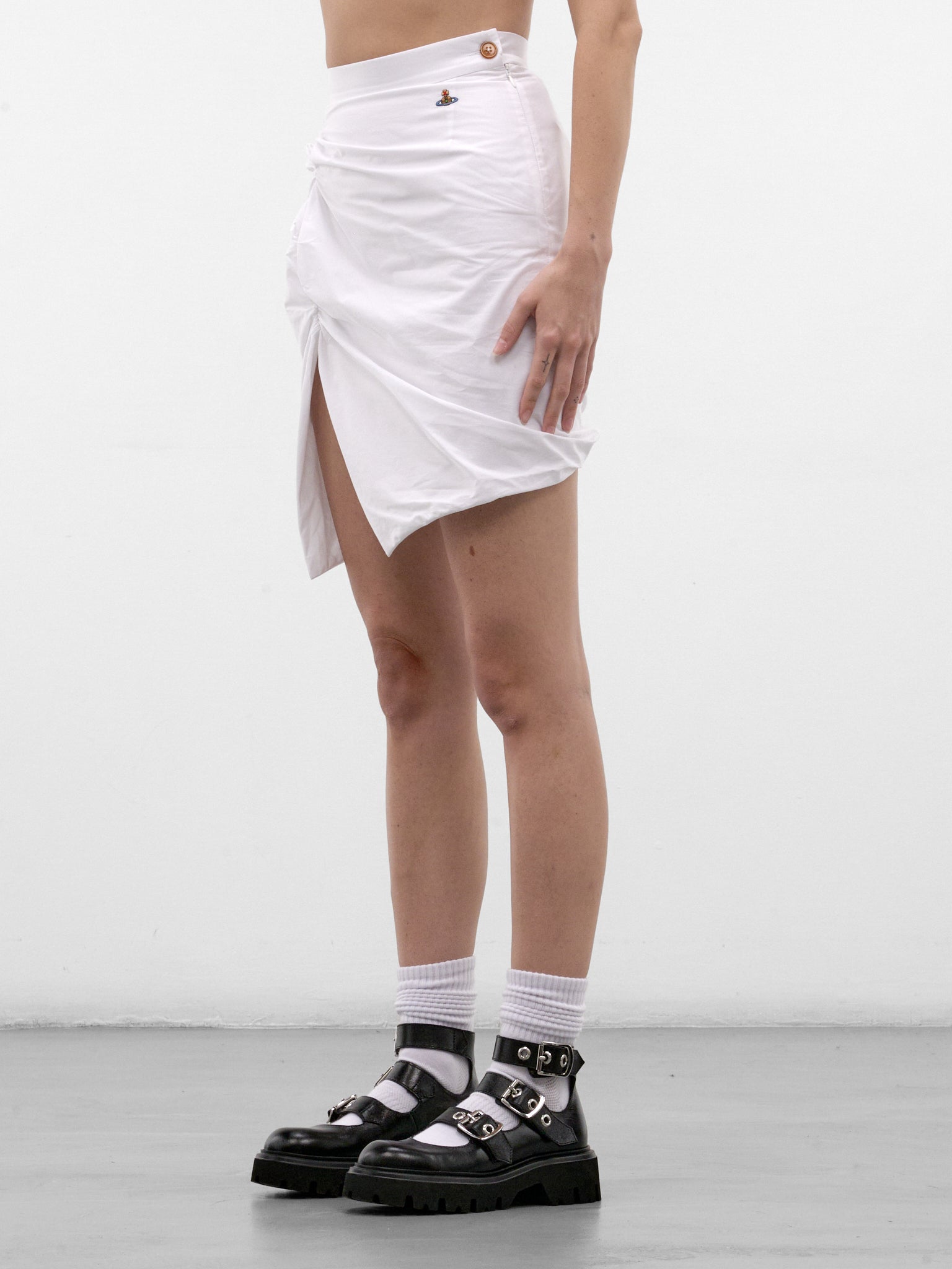 White Ruched Asymmetric Mini Skirt (1K010025-W009Q-WHITE_