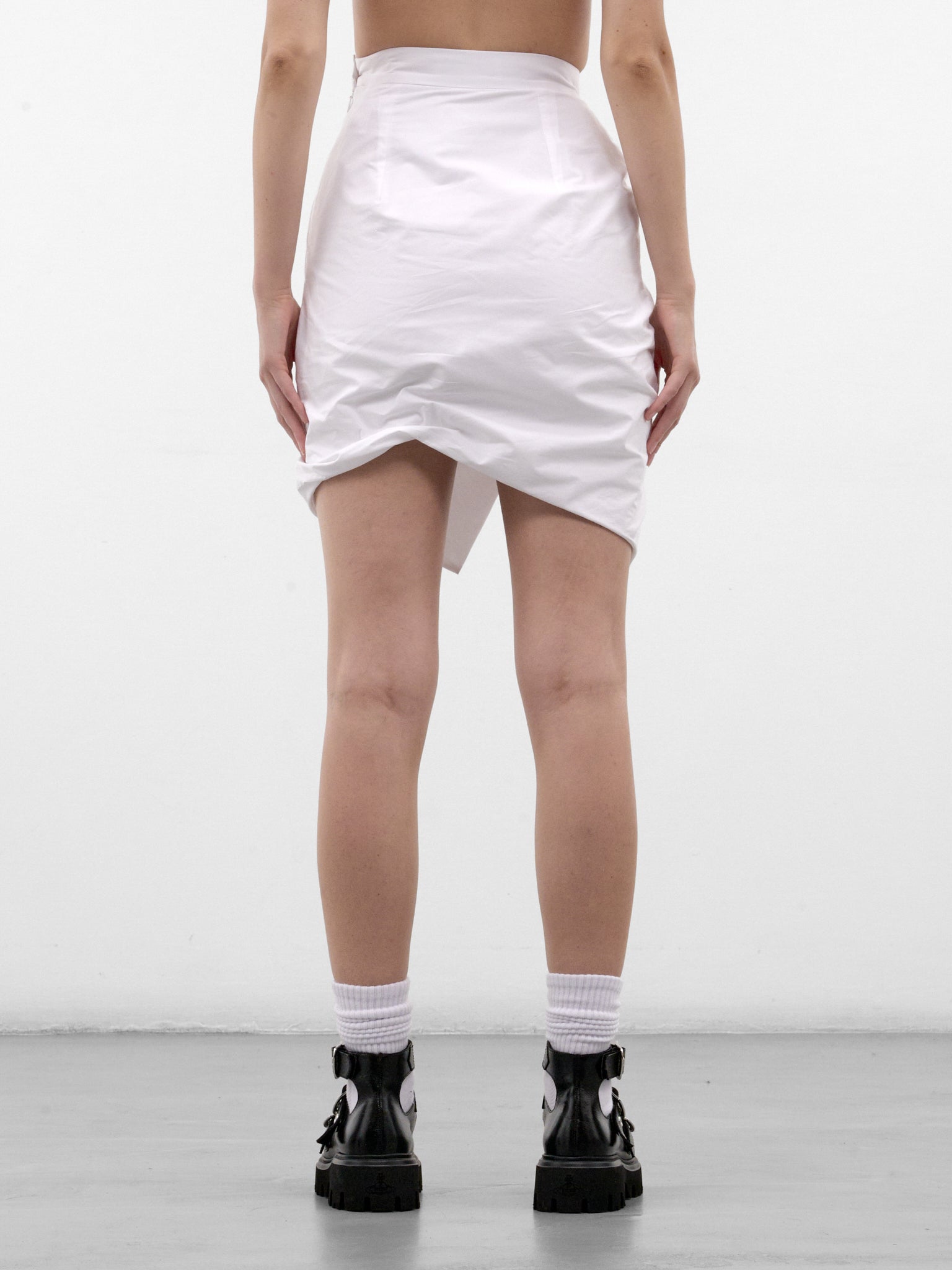 White Ruched Asymmetric Mini Skirt (1K010025-W009Q-WHITE_