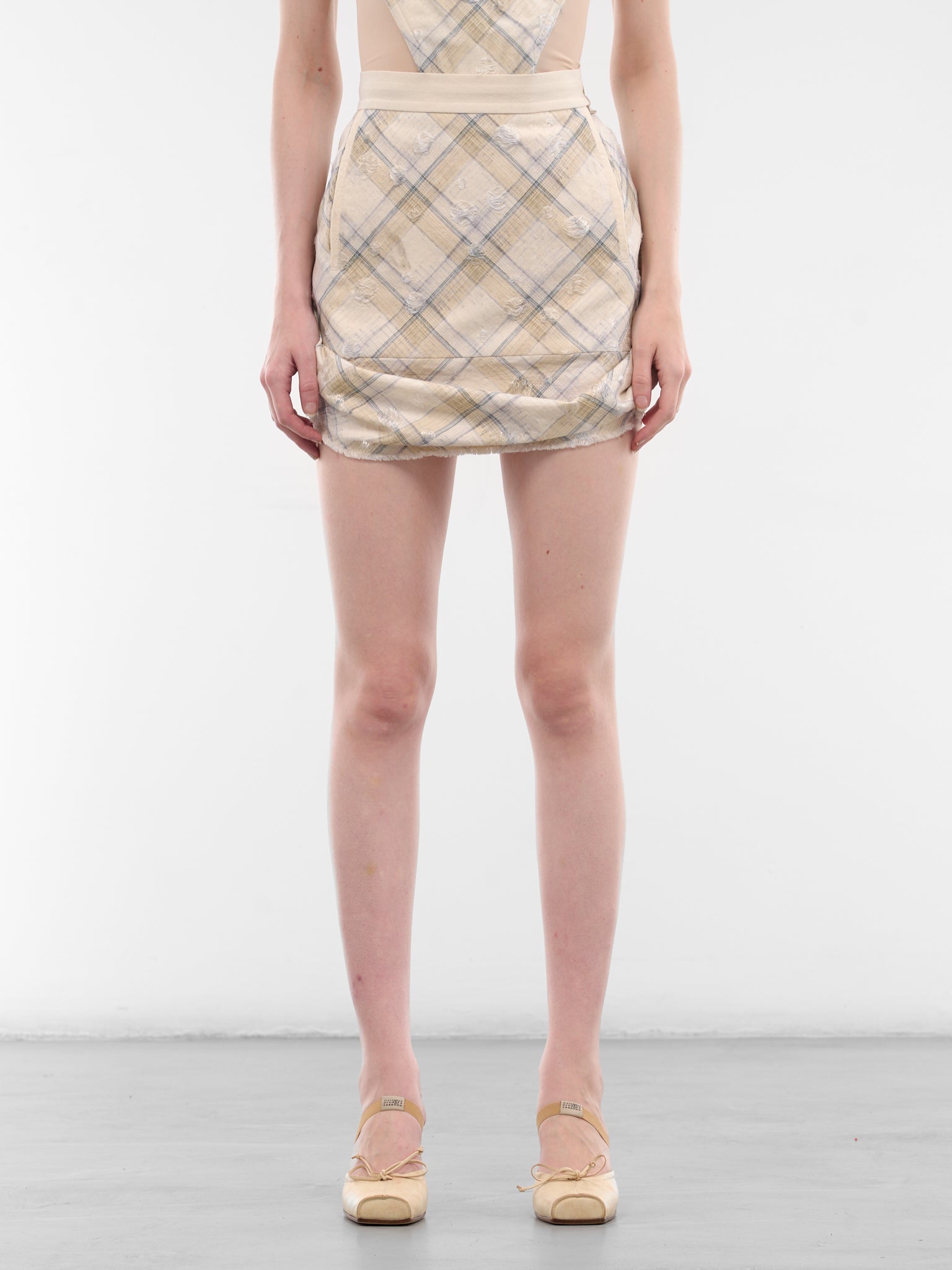 Distressed Plaid Frame Mini Skirt (1K01002F-W01EG- ECRU)