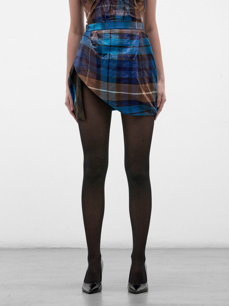 Brown Plaid Asymmetric Mini Skirt (1K01002Z-W01JF-SHINY-BLUE-BROW)