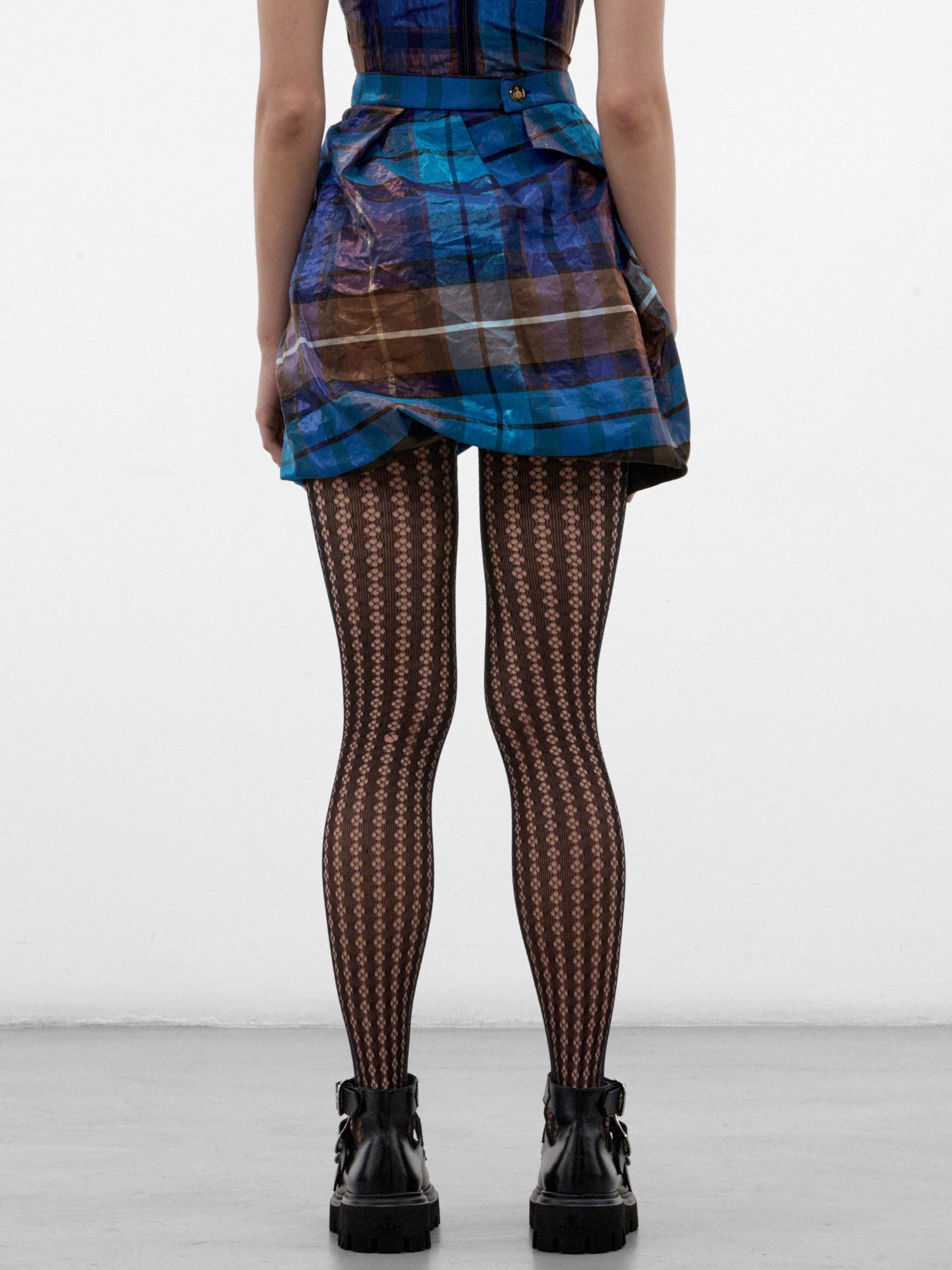 Brown Plaid Asymmetric Mini Skirt (1K01002Z-W01JF-SHINY-BLUE-BROW)