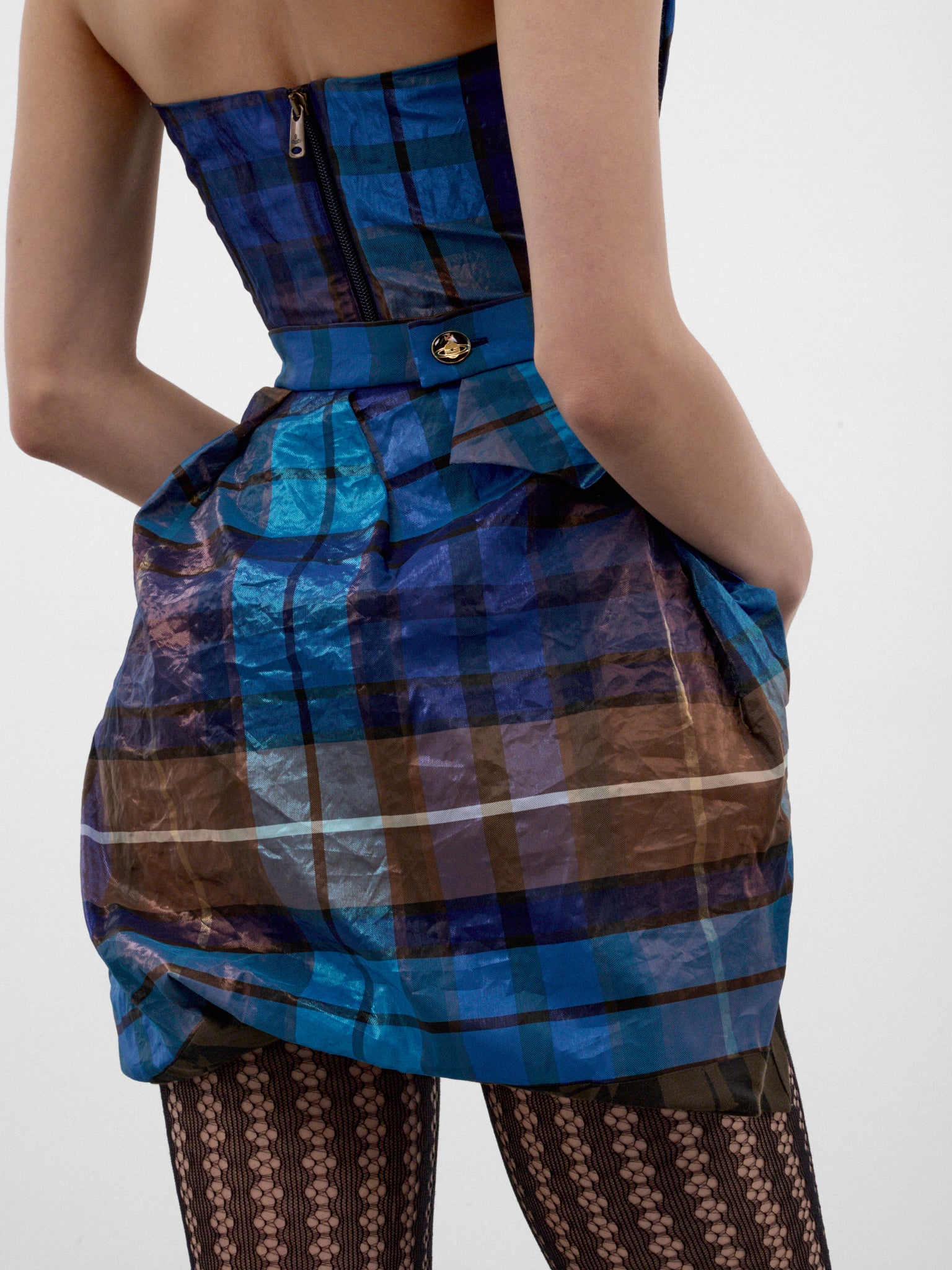 Brown Plaid Asymmetric Mini Skirt (1K01002Z-W01JF-SHINY-BLUE-BROW)