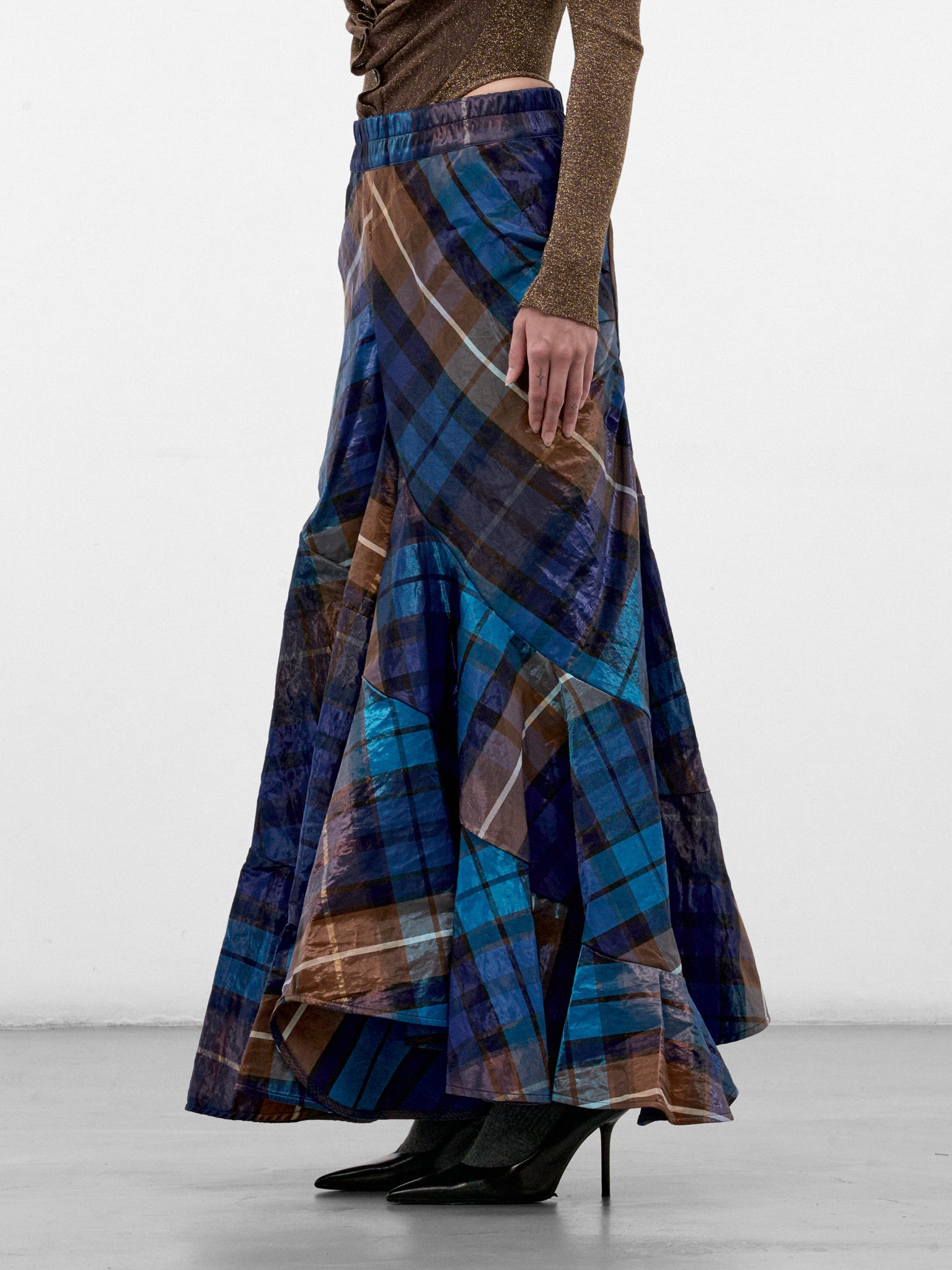 Blue Flared Plaid Maxi Skirt (1K01003E-W01JF-SHINY-BLUE-BROW)