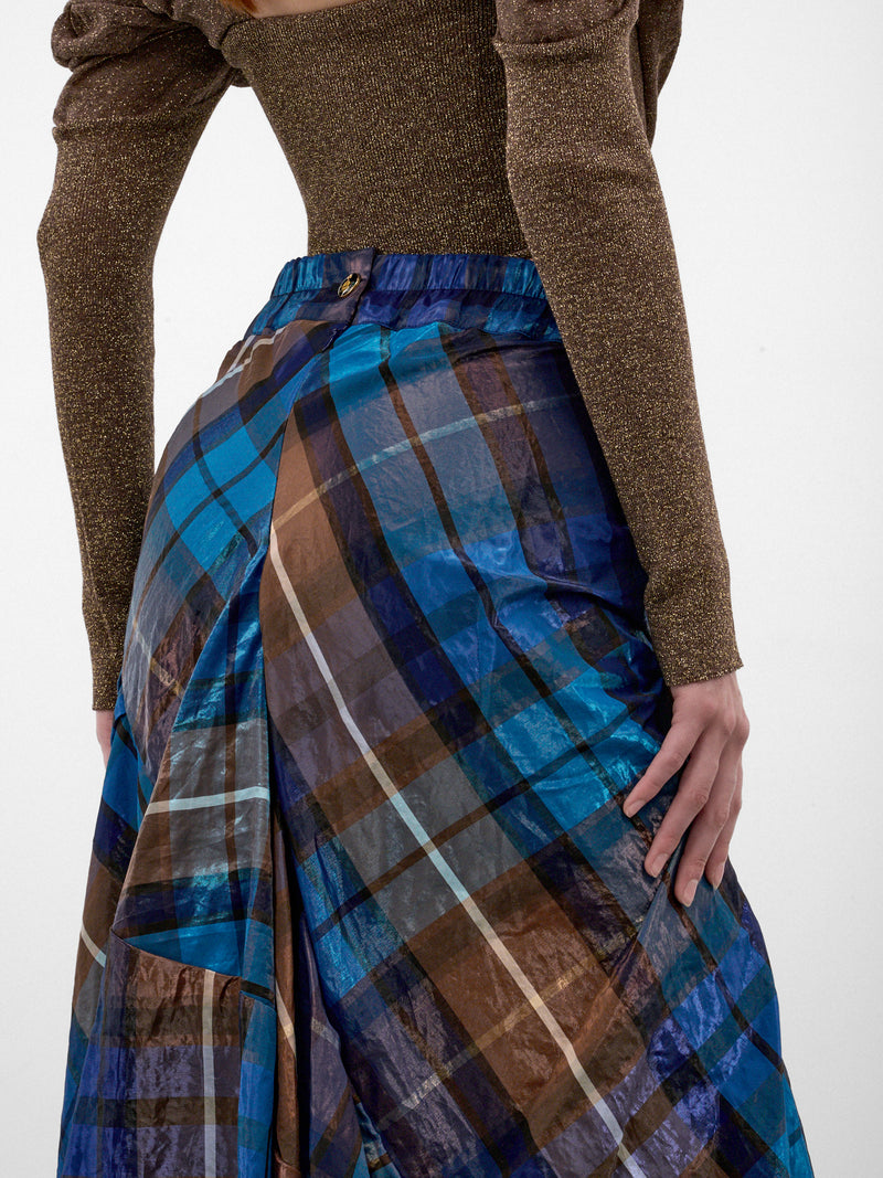 Blue Flared Plaid Maxi Skirt (1K01003E-W01JF-SHINY-BLUE-BROW)