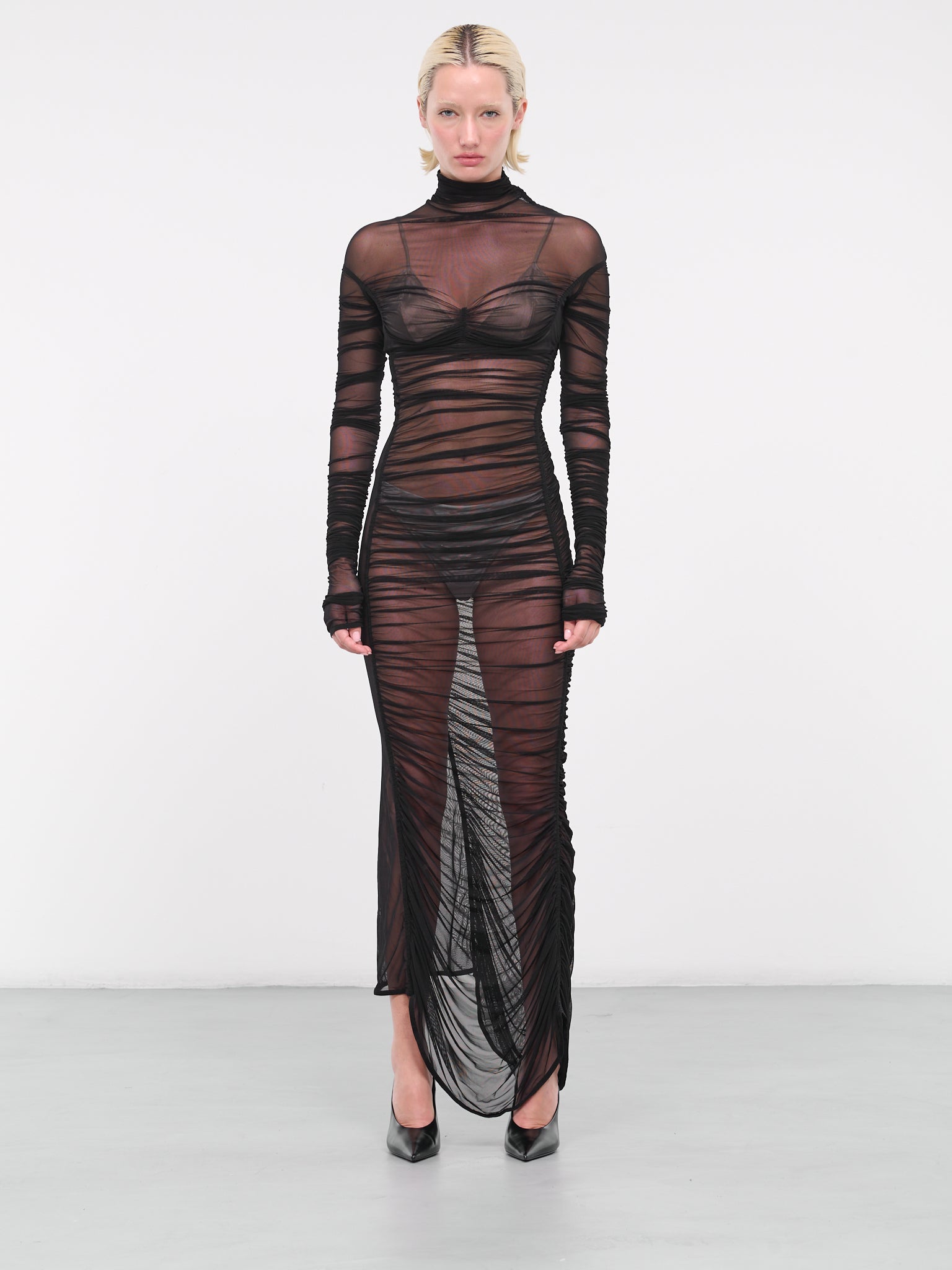 Sheer Ruched Dress (1R01524595-BLACK)