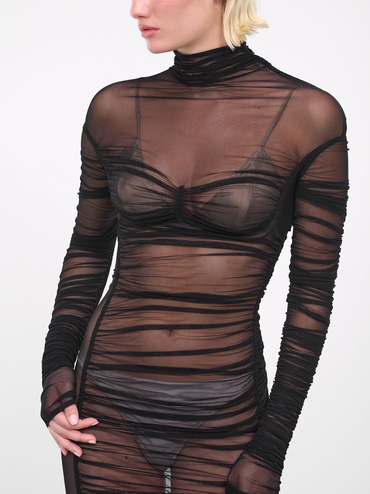 Sheer Ruched Dress (1R01524595-BLACK)
