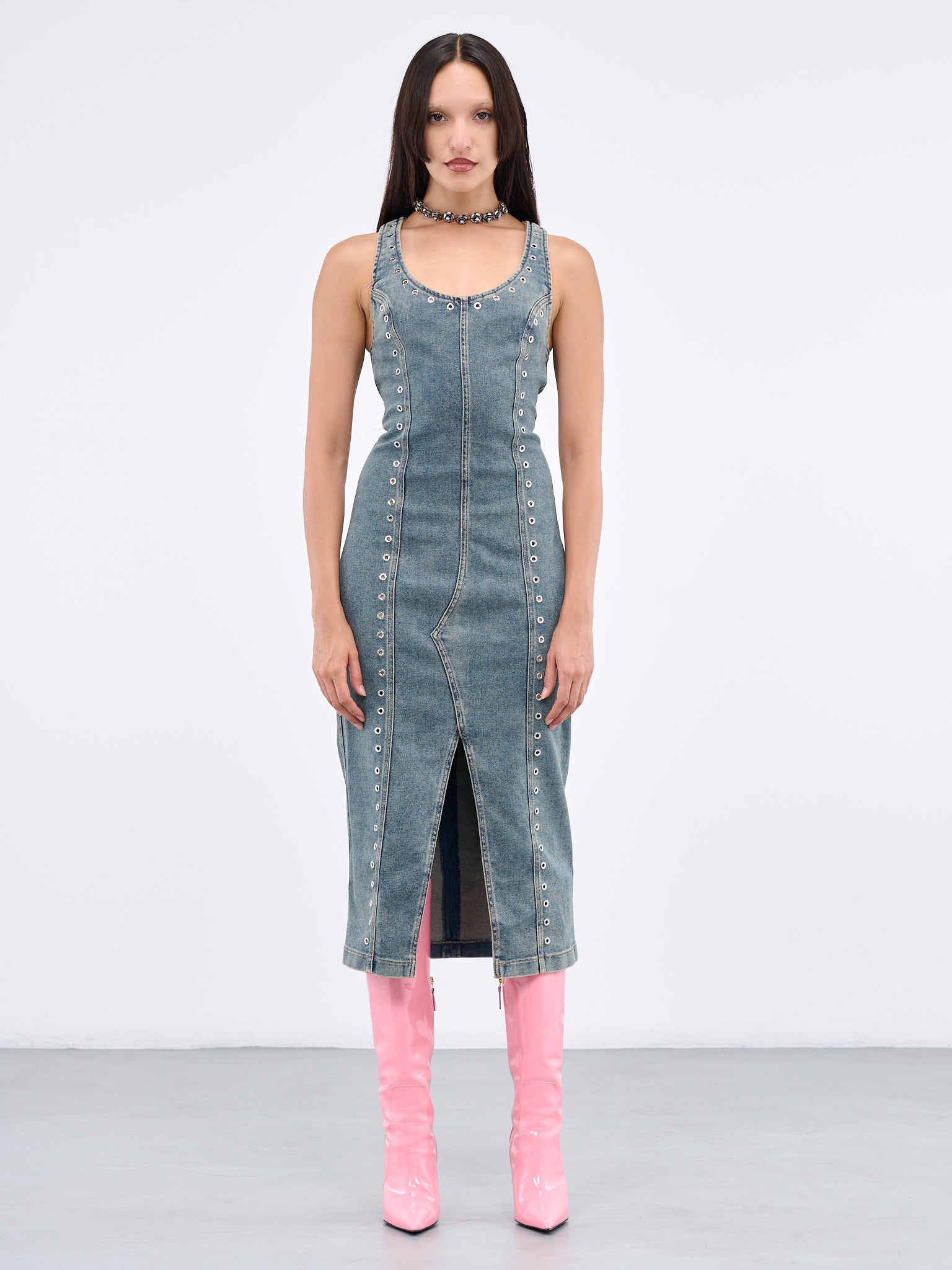 blumarine denim dress Blumarine halter-neck frayed-hem Denim Dress | Blue
