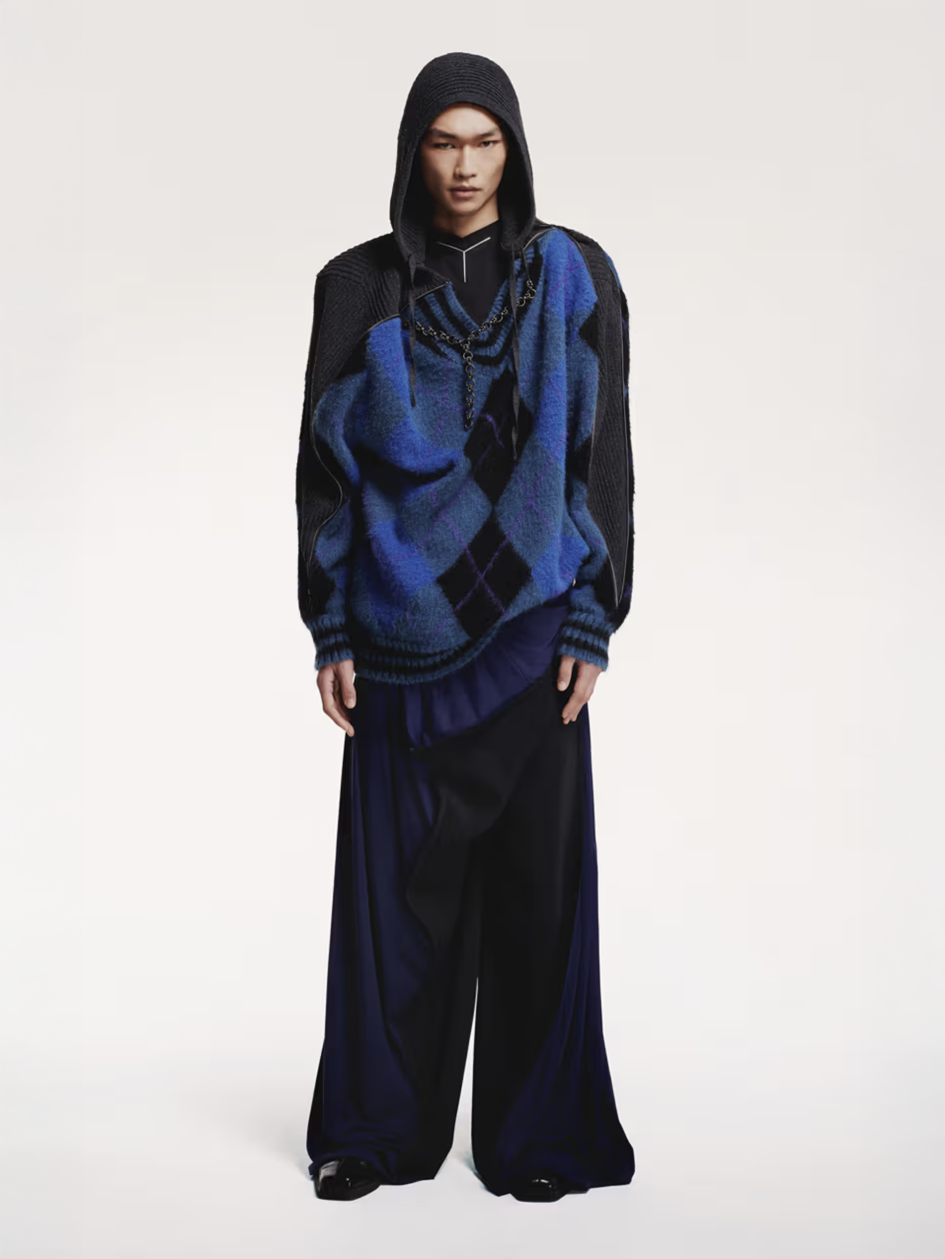 Blue Zip Insert Hood Pullover (206SW005-Y64-BLUE-GREY-ARGYLE)