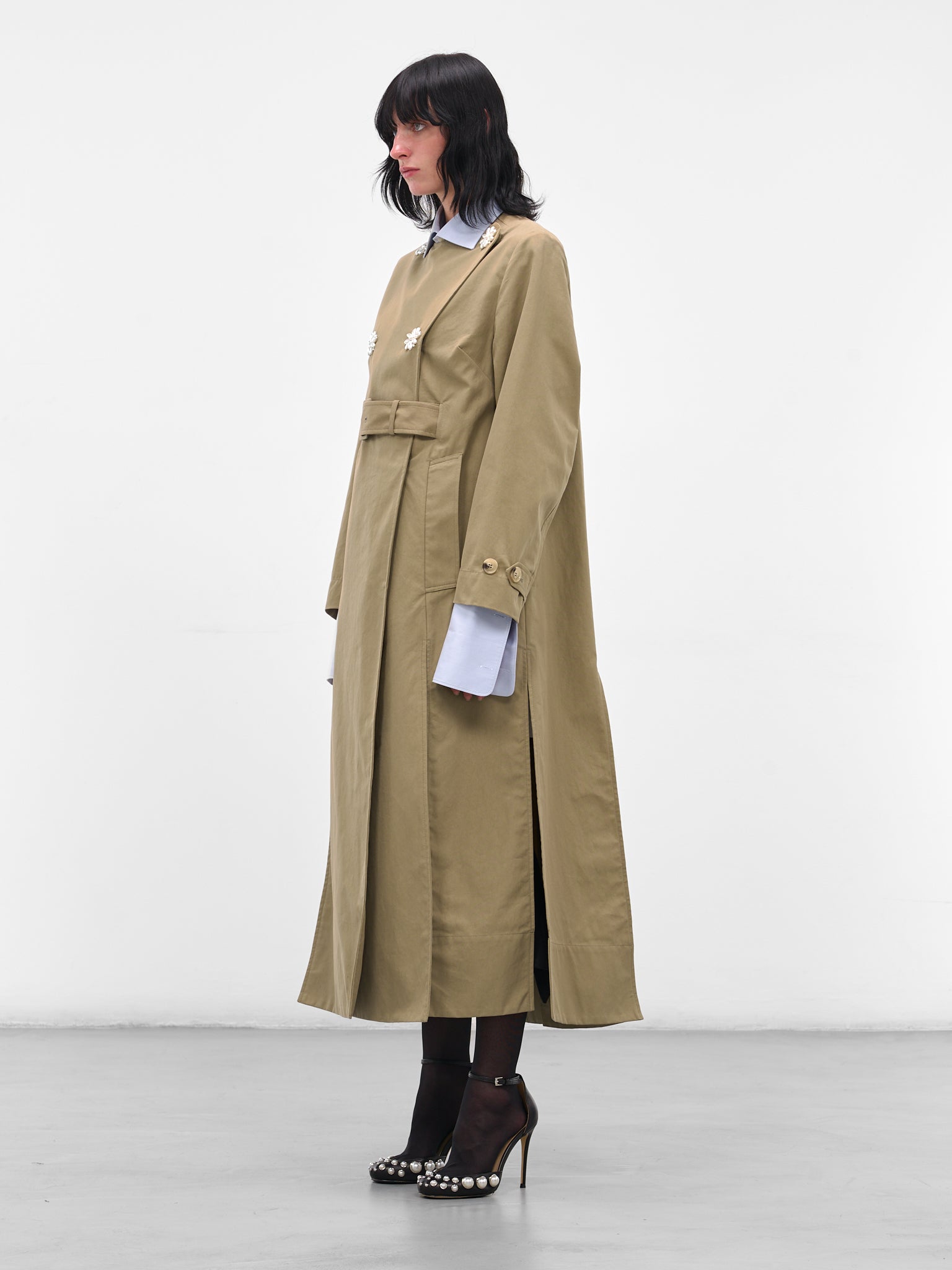 Beige Collarless Slit Trench Coat (2075B-1267-STONE-PEARL)