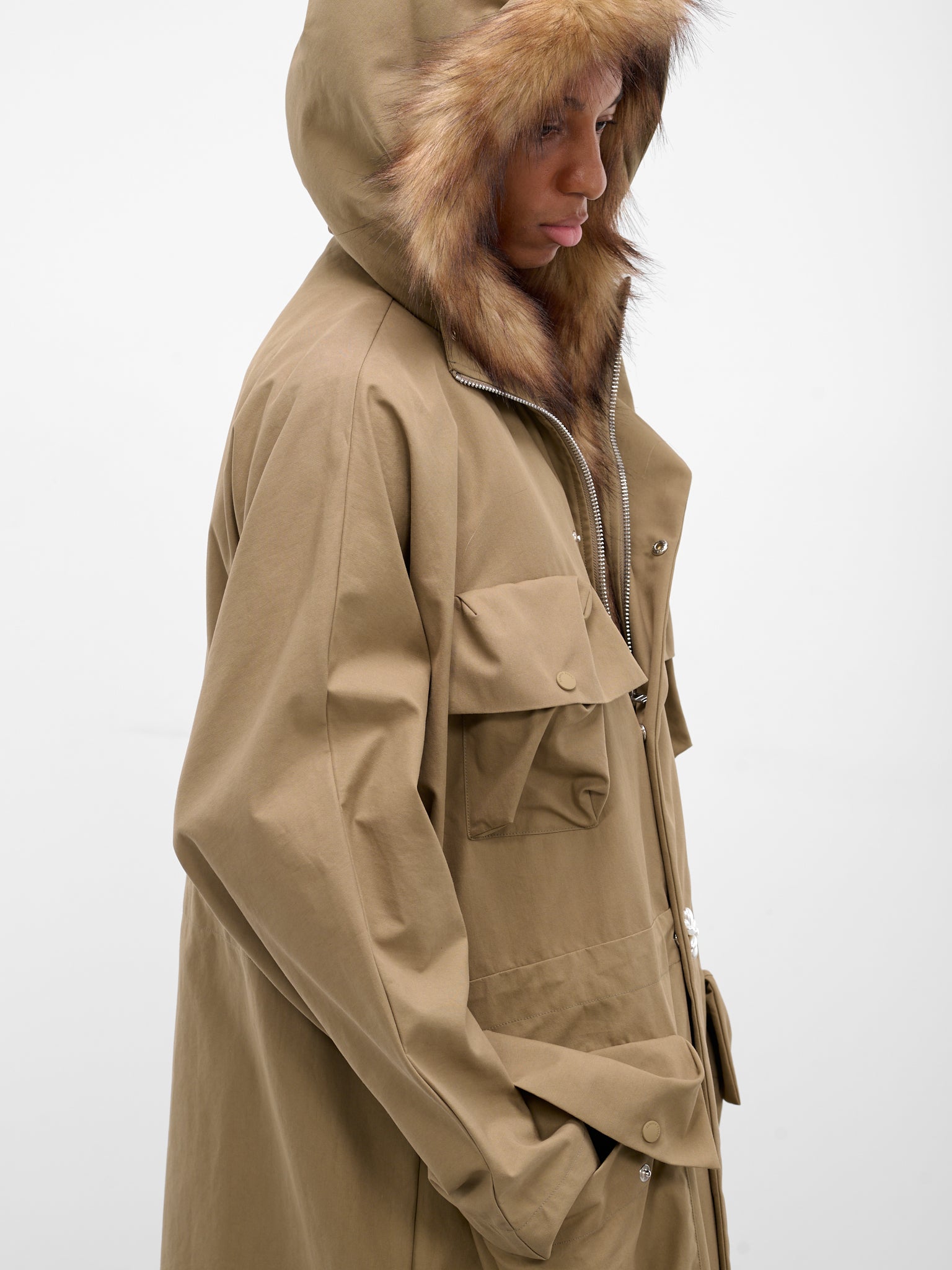 Beige Fur Lined Fishtail Parka (2078B-1267-STONE-PEARL)
