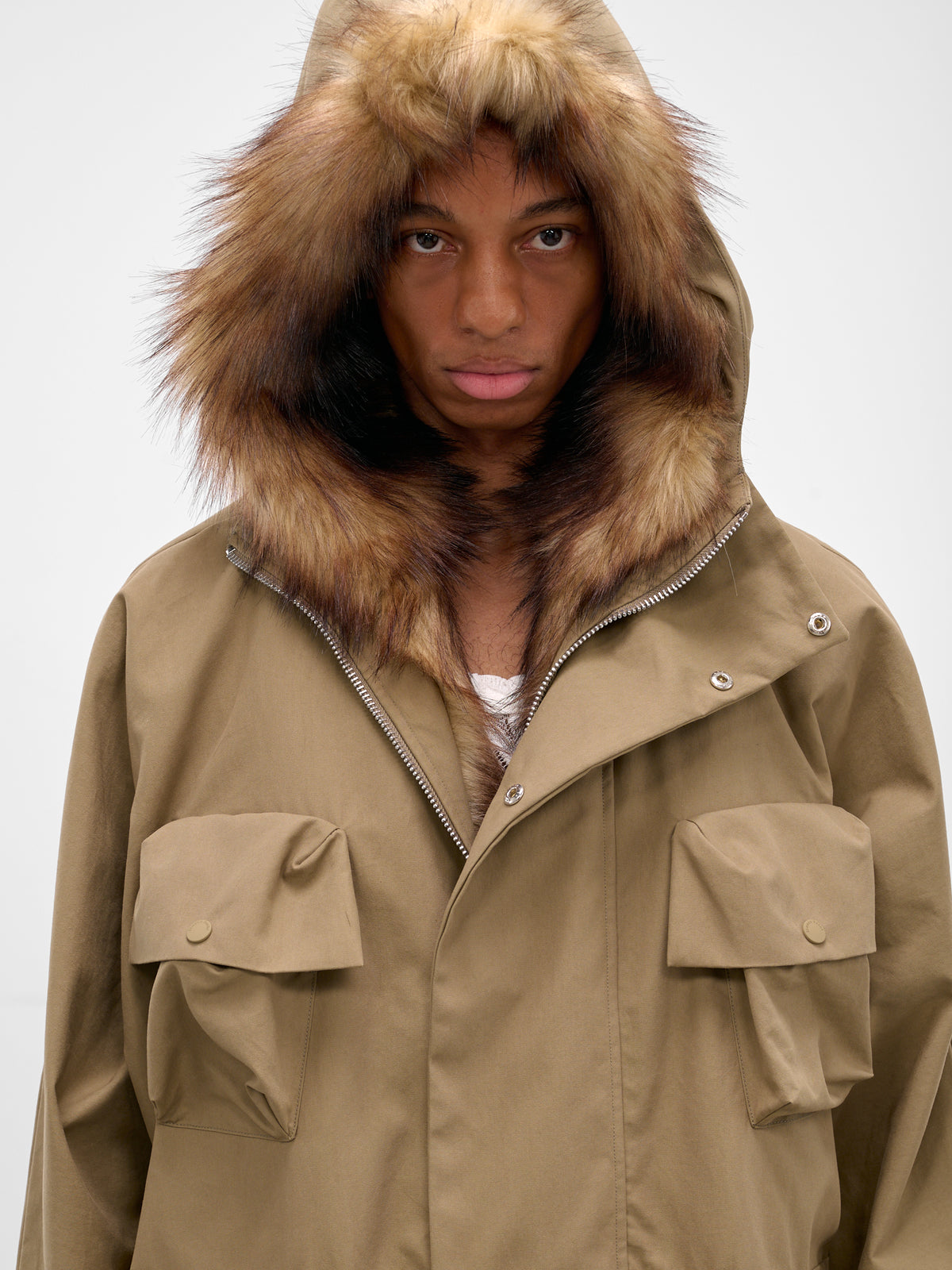 Beige Fur Lined Fishtail Parka (2078B-1267-STONE-PEARL)