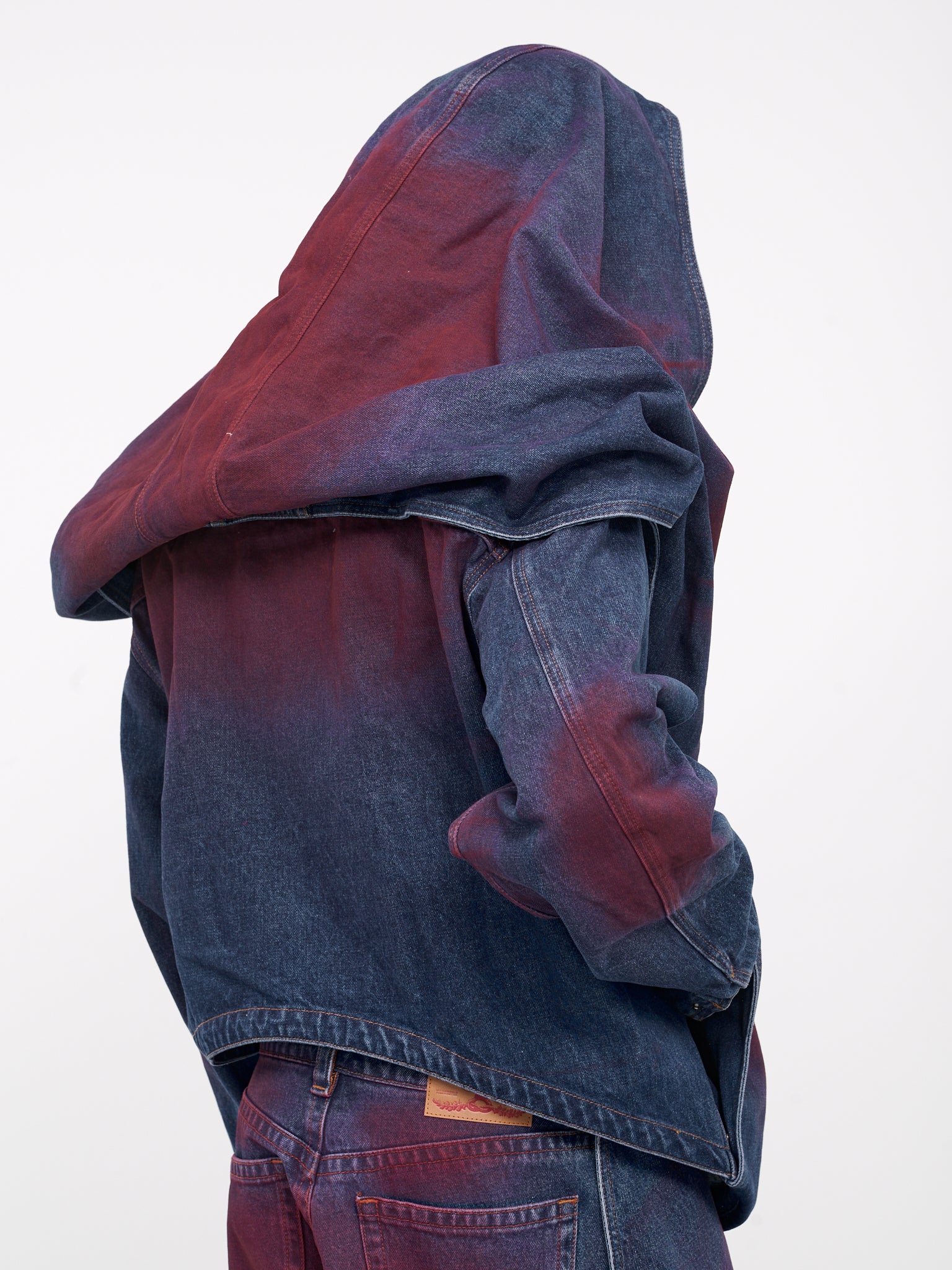 Snap-Off Panel Hood Denim Jacket (207JA003-D14-BLUE-RED-SPRAY)