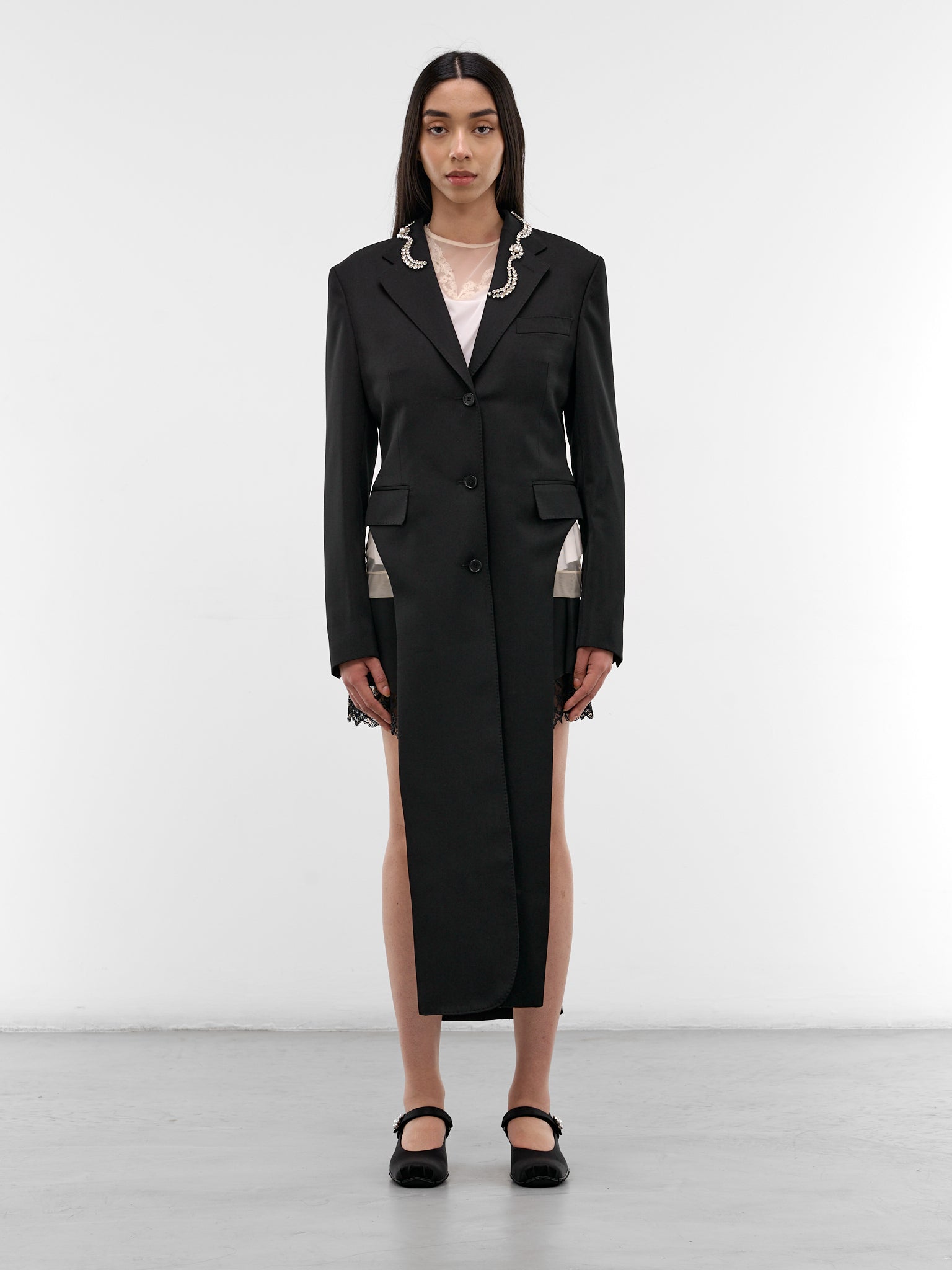 Embellished Hip Cut-Out Tailored Coat (2081B-1217-BLACK-PEARL-CLEAR)