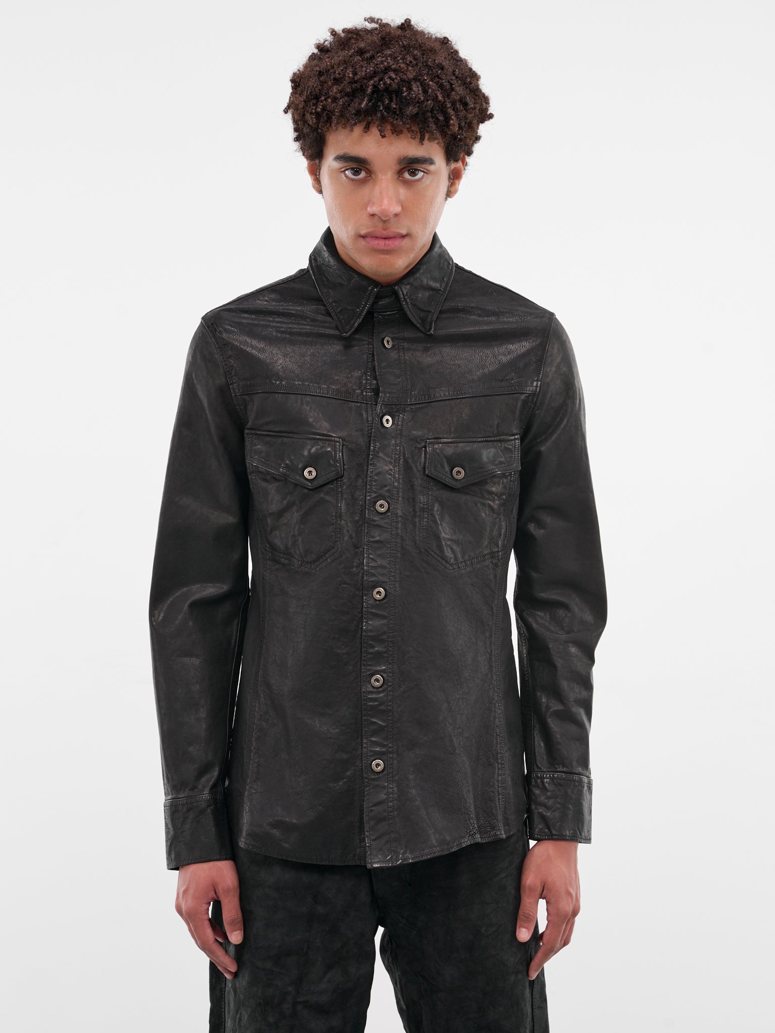 Black Calf Leather Glossy Shirt (2130-04-BLACK)