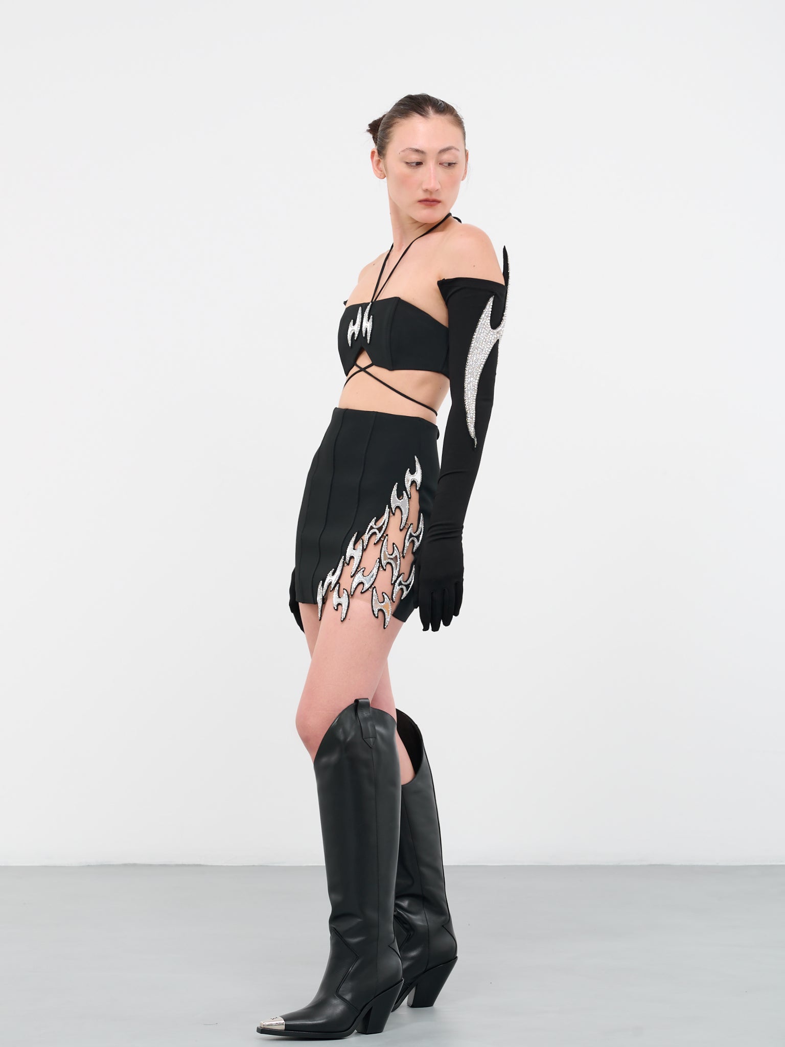 David Koma | H.Lorenzo|Crystal Fish Hook Mini Skirt (21S-BLACK-SILVER), 10 / Black