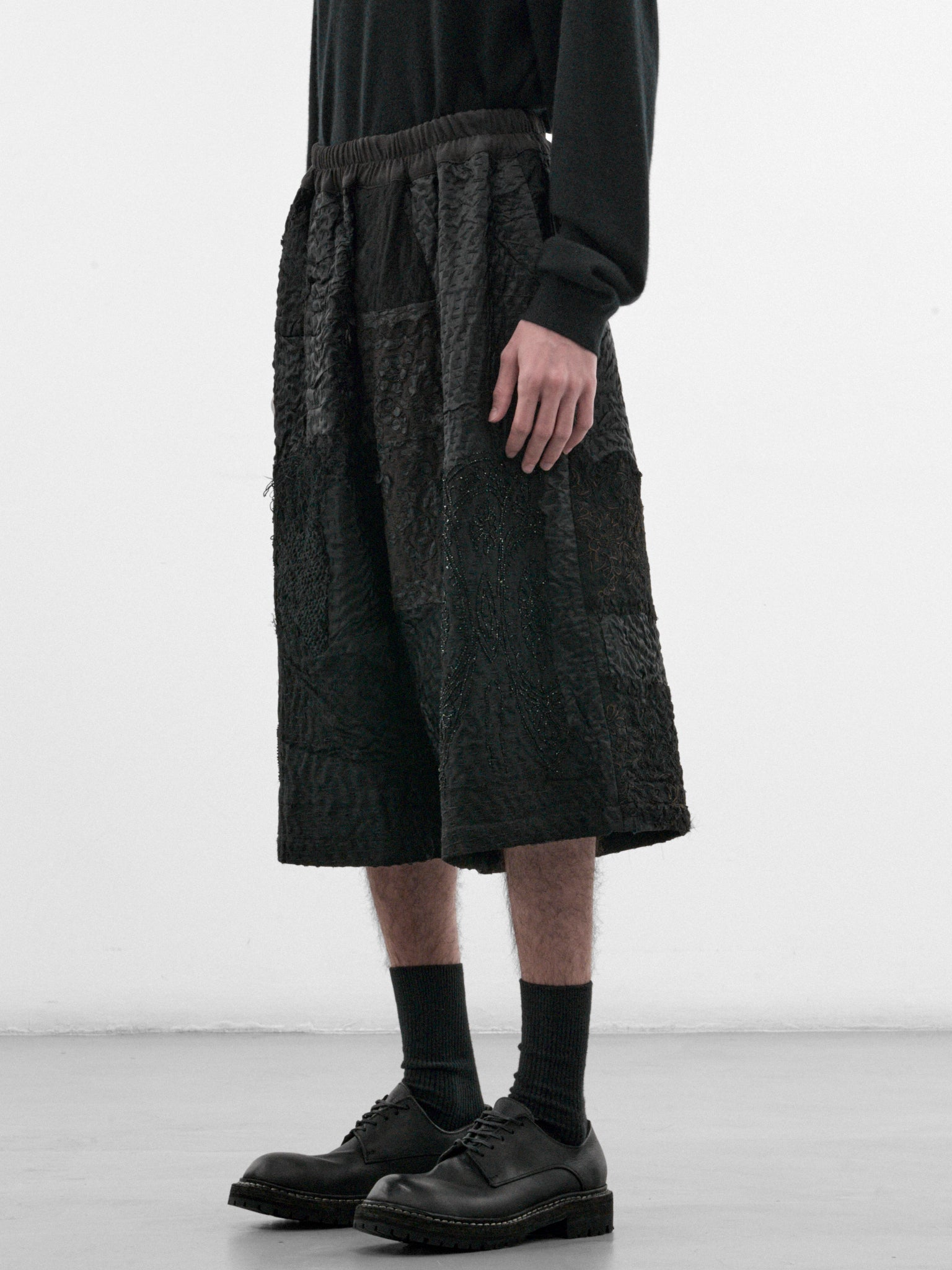 Black Silk Patchwork Bermuda Shorts (230181W-BLACK)
