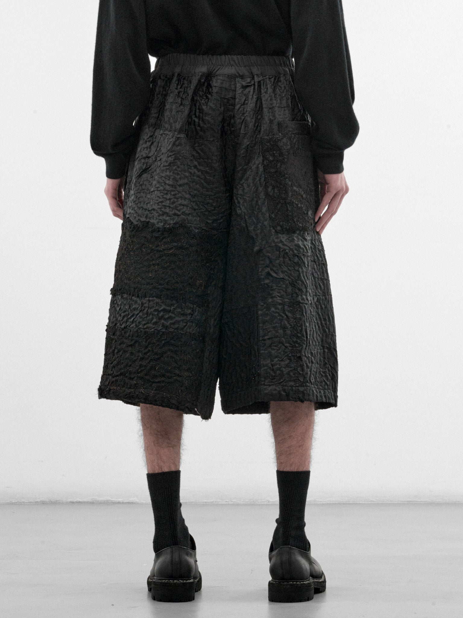 Black Silk Patchwork Bermuda Shorts (230181W-BLACK)