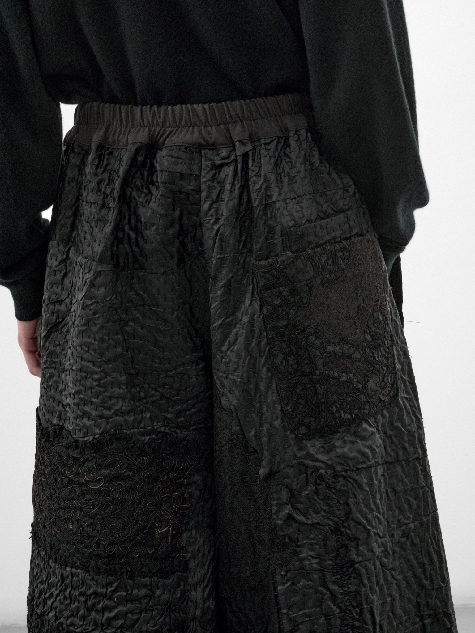 Black Silk Patchwork Bermuda Shorts (230181W-BLACK)