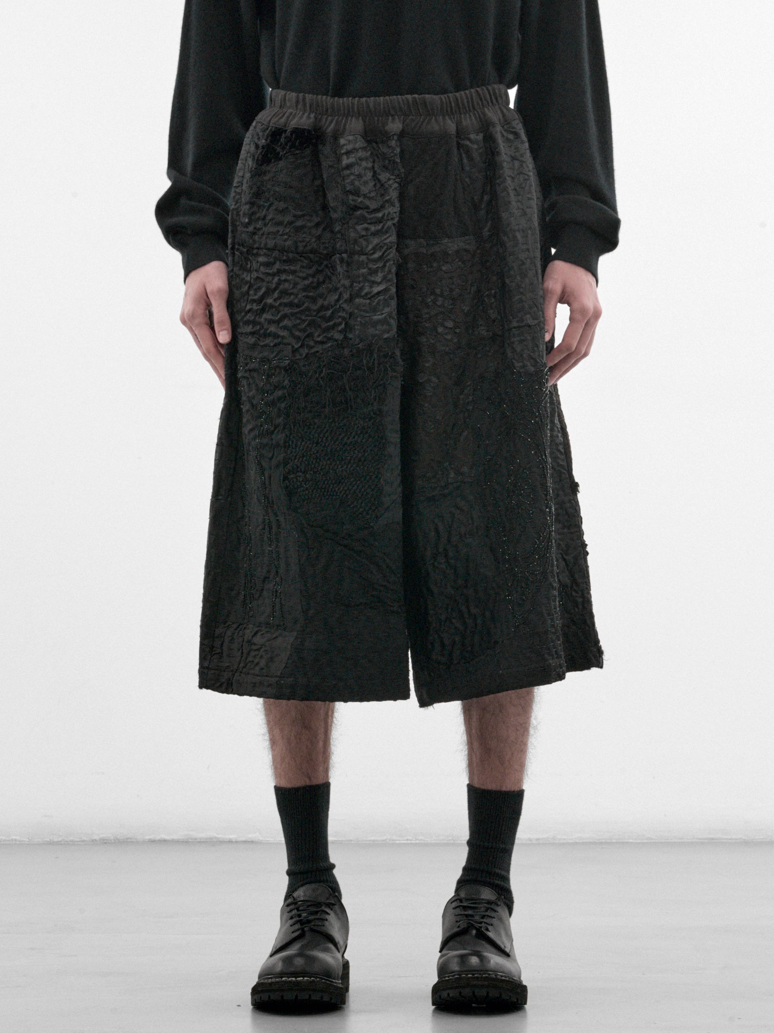 Black Silk Patchwork Bermuda Shorts (230181W-BLACK)