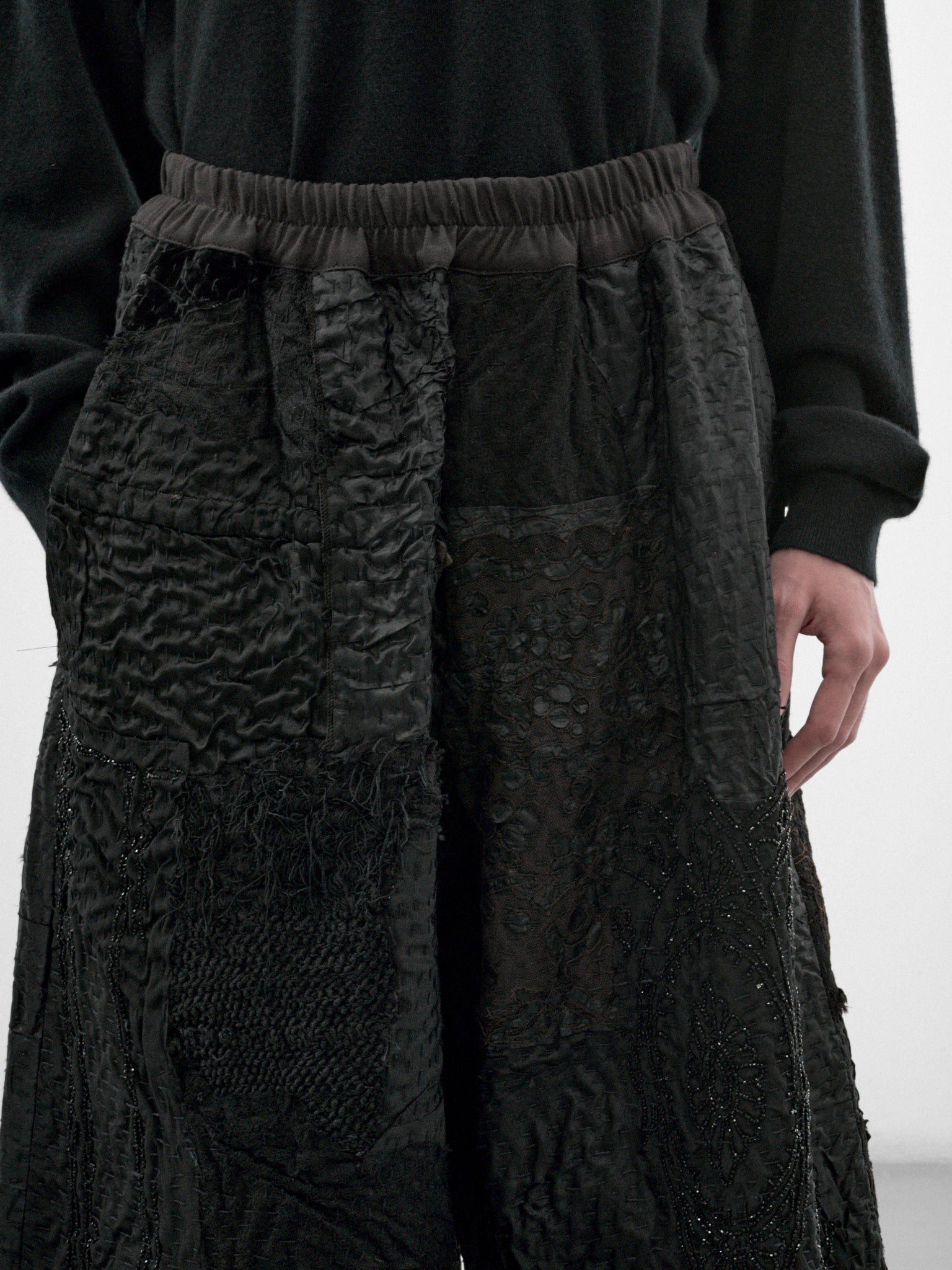 Black Silk Patchwork Bermuda Shorts (230181W-BLACK)